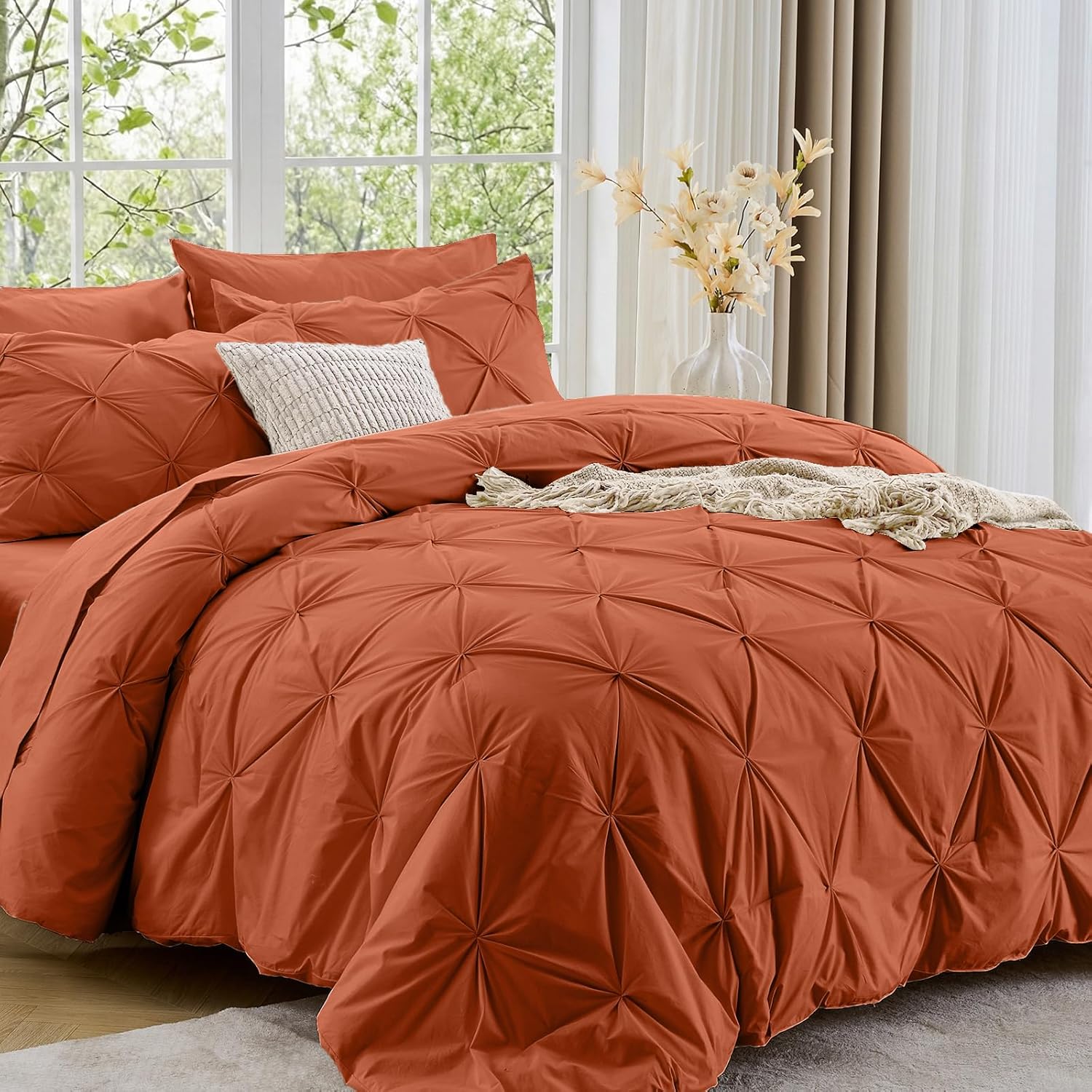 Sasttie Queen Comforter Set, 7-Piece Bed in a Bag, Pintuck Bedding Sets for All Season, Includes Comforter, Flat Sheet, Fitted Sheet, Pillowcases and Pillowshams, Burnt Orange