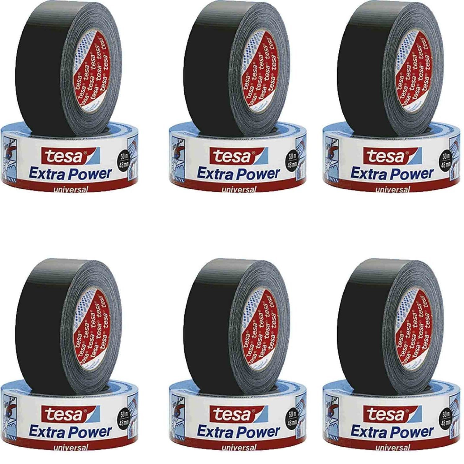 Tesa Extra Power Tape 56389 universal choice of black and white Lunghezza 50 metri, larghezza 50 mm black, pack of 6