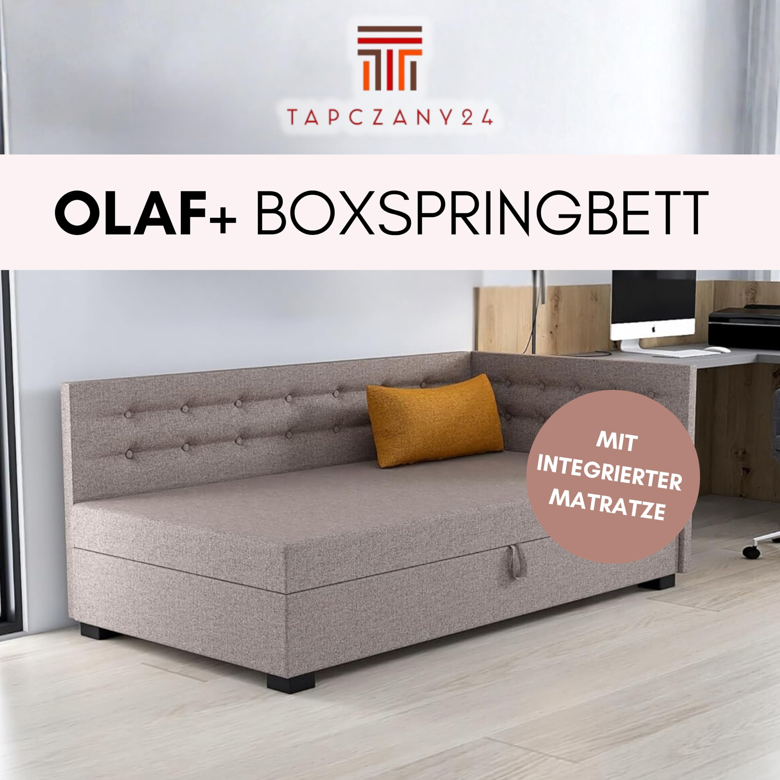 Boxspringbett Olaf+ 123x198x42 cm mit Taschenfederkern Matratze, Bett mit Matratze, Polsterbett mit Bettkasten, Gepolstertes Einzel Bett, Schlafsofa - Minze mit Graphit