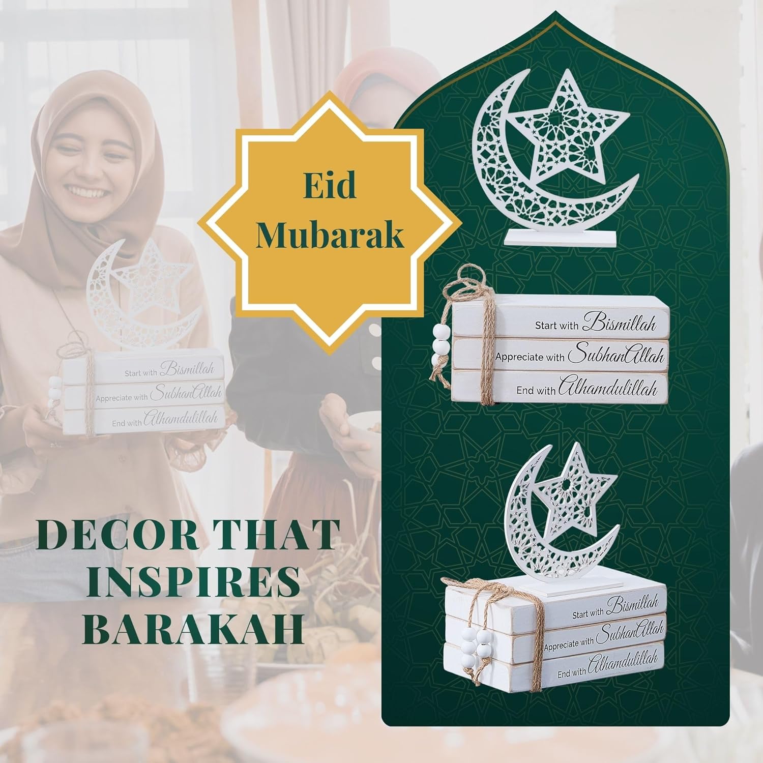 Islamic Wooden Faux Book Set with Moon Star decor, ramadan decorations for home, Great Islamic decor and Eid decorations for home & Mosque. Ramadan gifts idea, eid al adha decorations, Islamic gift
