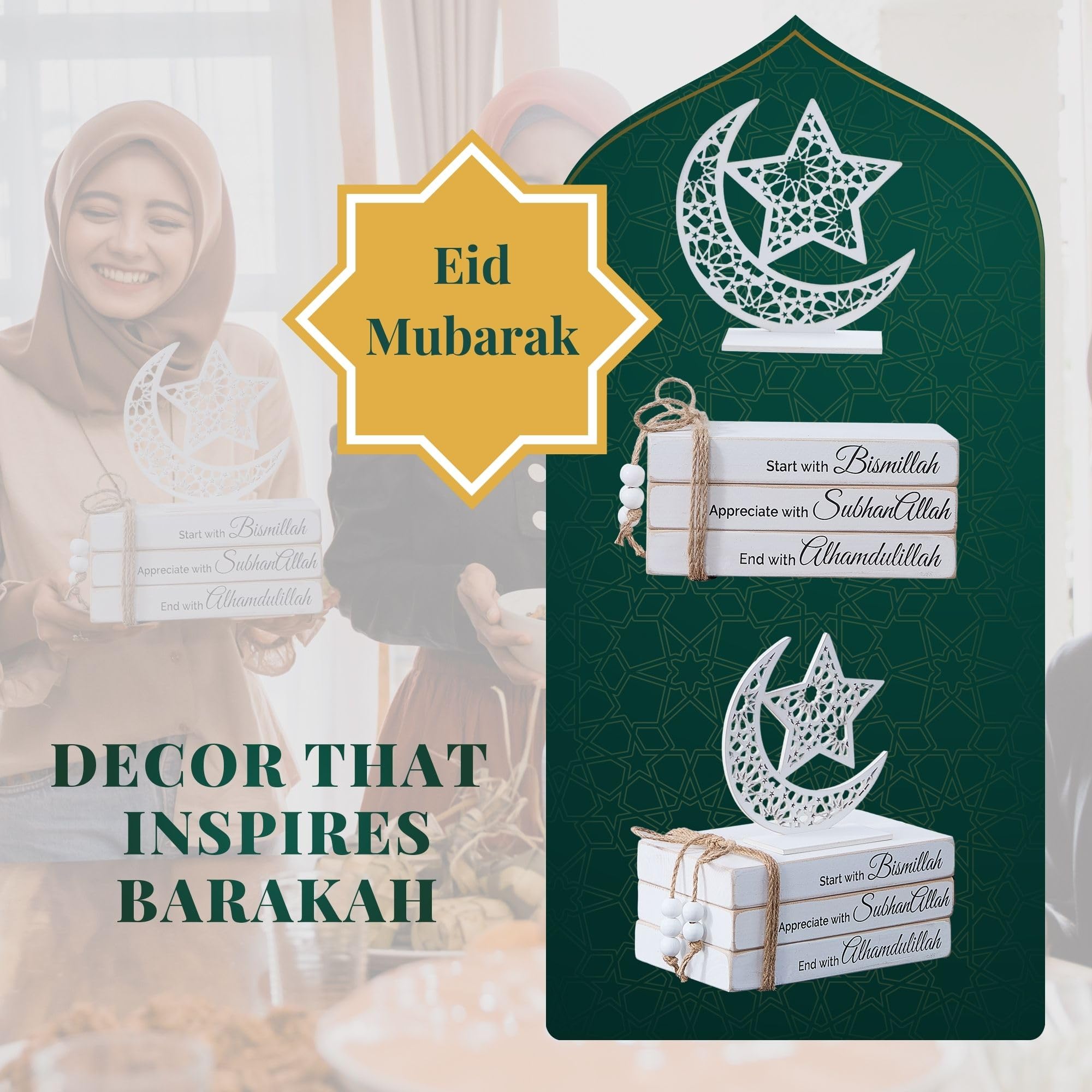 Islamic Wooden Faux Book Set with Moon Star decor, Great Ramadan decoration and Eid decoration for home & Mosque, Perfect Ramadan table decor, Islamic Ramadan decor, Islamic decor great Ramadan gifts