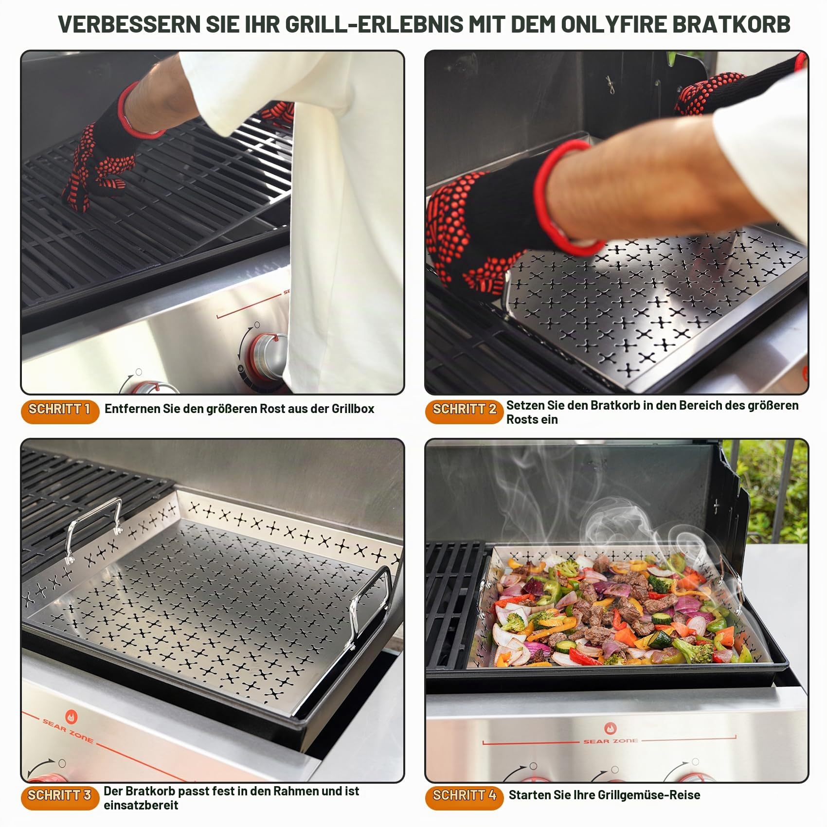 Onlyfire Grillschalen Edelstahl, Grillkorb für Weber Genesis 2022 E/S 325, E/S/EPX 335, E/S/SPX-435 Gasgrill, Grillplatte mit Griff für Gemüse, Fleisch und Fisch, 47 x 41 cm, Grillpfanne