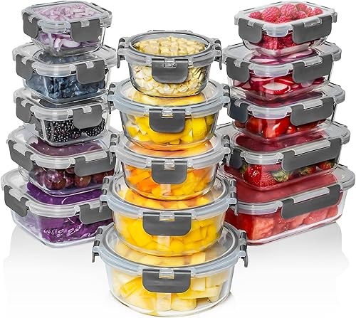 Razab 30 PC Glass Food Storage Containers with Lids - Reusable Glass Meal Prep Containers for Lunch & Leftovers - Airtight & Leakproof Snap Locking