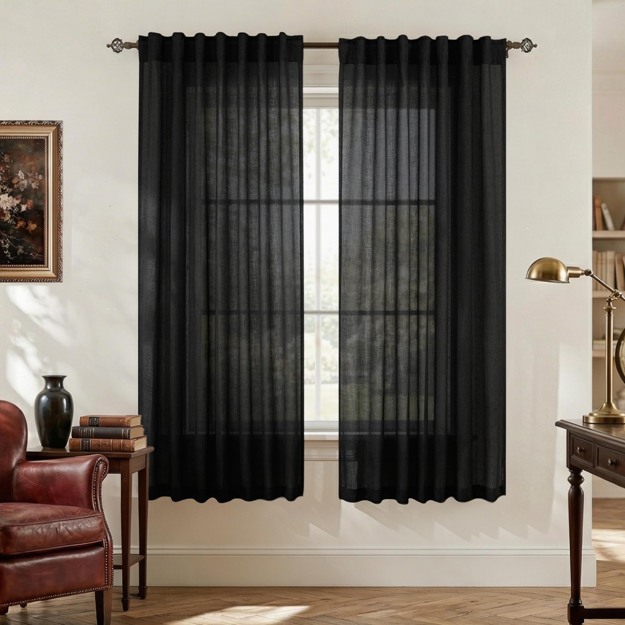 Mrs.Naturall Linen Blend Sheer Curtains for Living Room 52" x 63" Black โ image 1