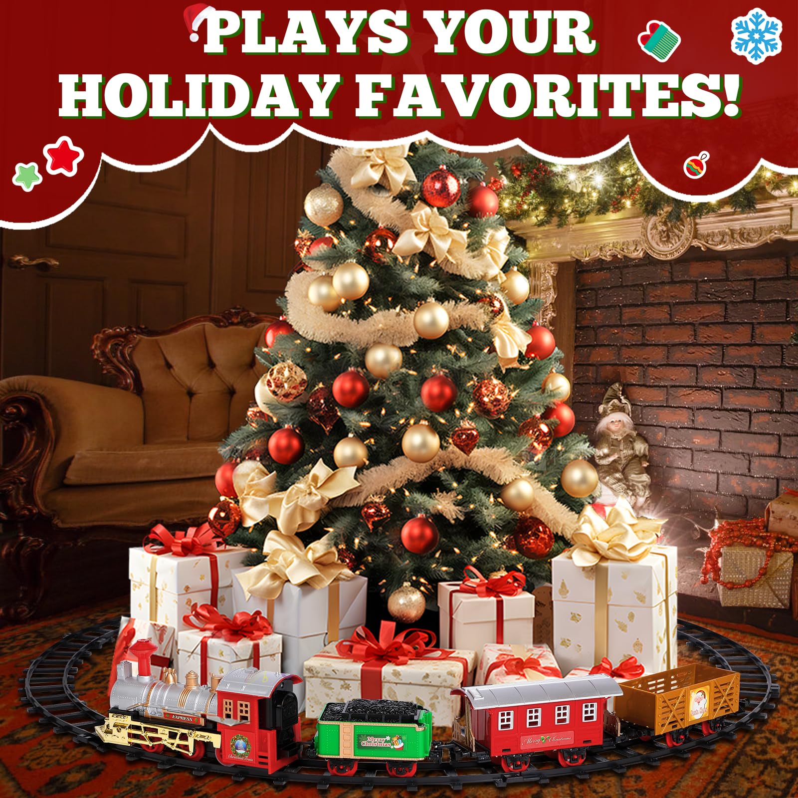 Train Set, Electric Train Sets for Boys Toddlers, Classical Train Toys, Christmas Train Set with Sound, Lights, Locomotive, 3 Cars & 8 Tracks, Christmas Toy Train Gifts for Age 3 4 5 6 Years Old Kids