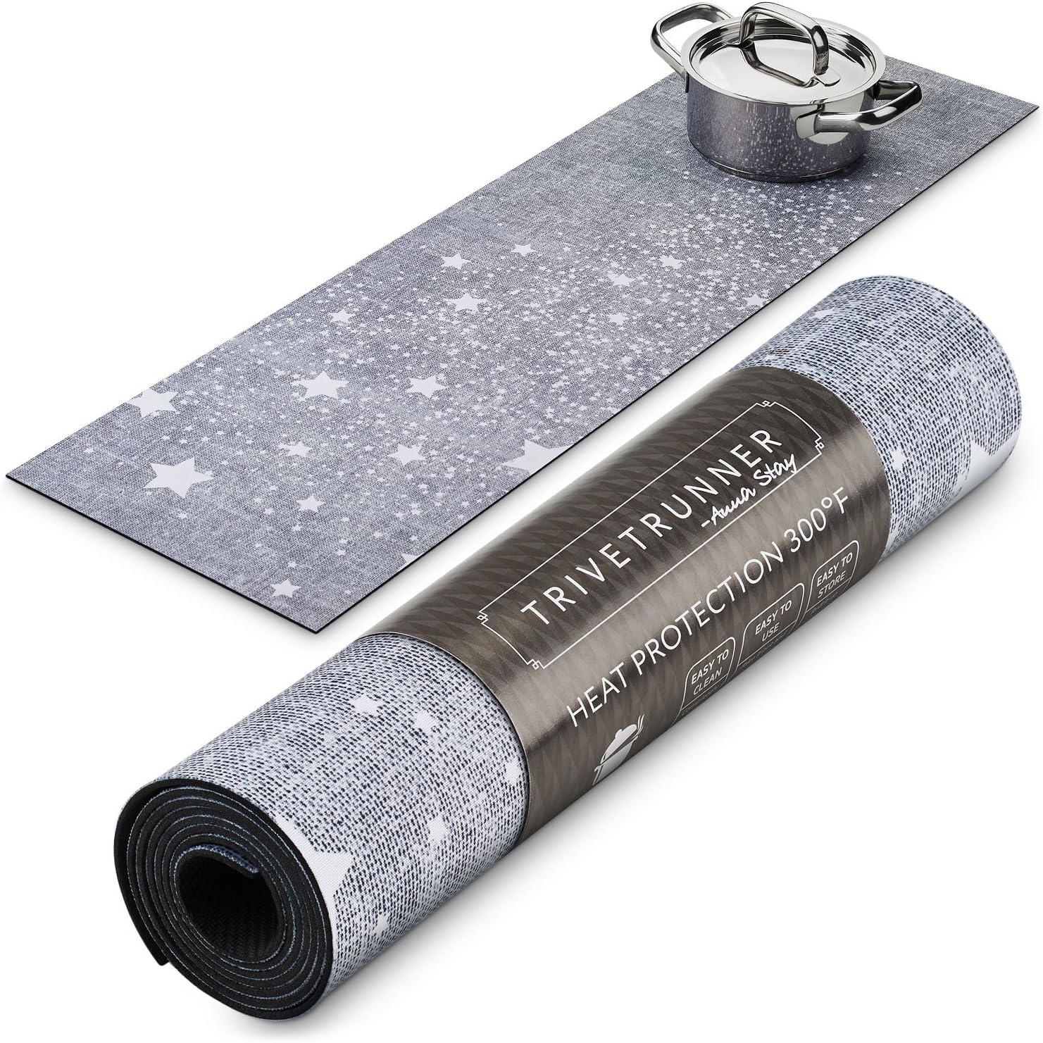 Anna Stay Table Runners - Trivet & Table Runner, Handles Heat Up to 300F, Anti Slip, Hand Washable, Great for Hot Dishes and Pots, Great as Dresser Decor & Table Decor, Gray Table Runner w Trail Stars