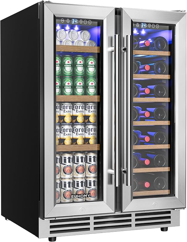 Wine and Beverage Refrigerator, 24 Inch Dual Zone Wine Cooler | Built-in or Freestanding, 21 Bottles & 88 Cans Glass Door, Removable Shelves, LED Light, Digital Temperature Control