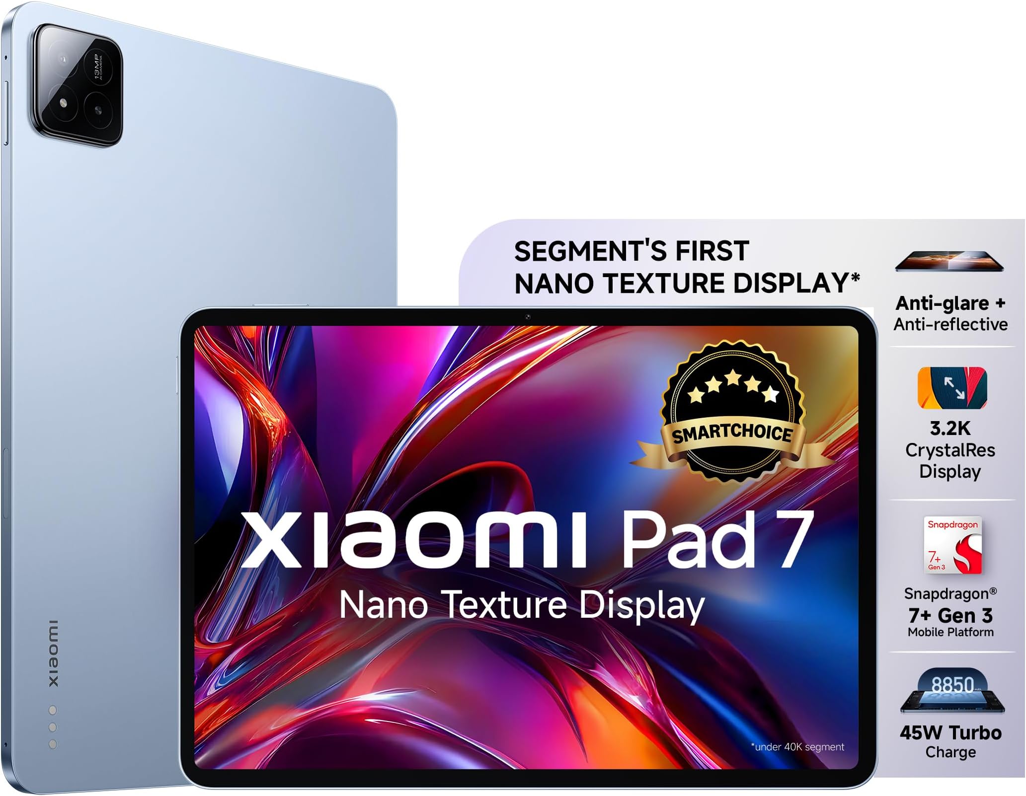 Pad 7 Nano Texture Display [Smartchoice] | Snapdragon 7+ Gen 3| 3.2K Display (28.44 cm /11.2") Tablet| 12GB, 256GB| Anti-Reflective| Anti-Glare| HyperOS 2| Dolby Vision Atmos | Mirage Purple