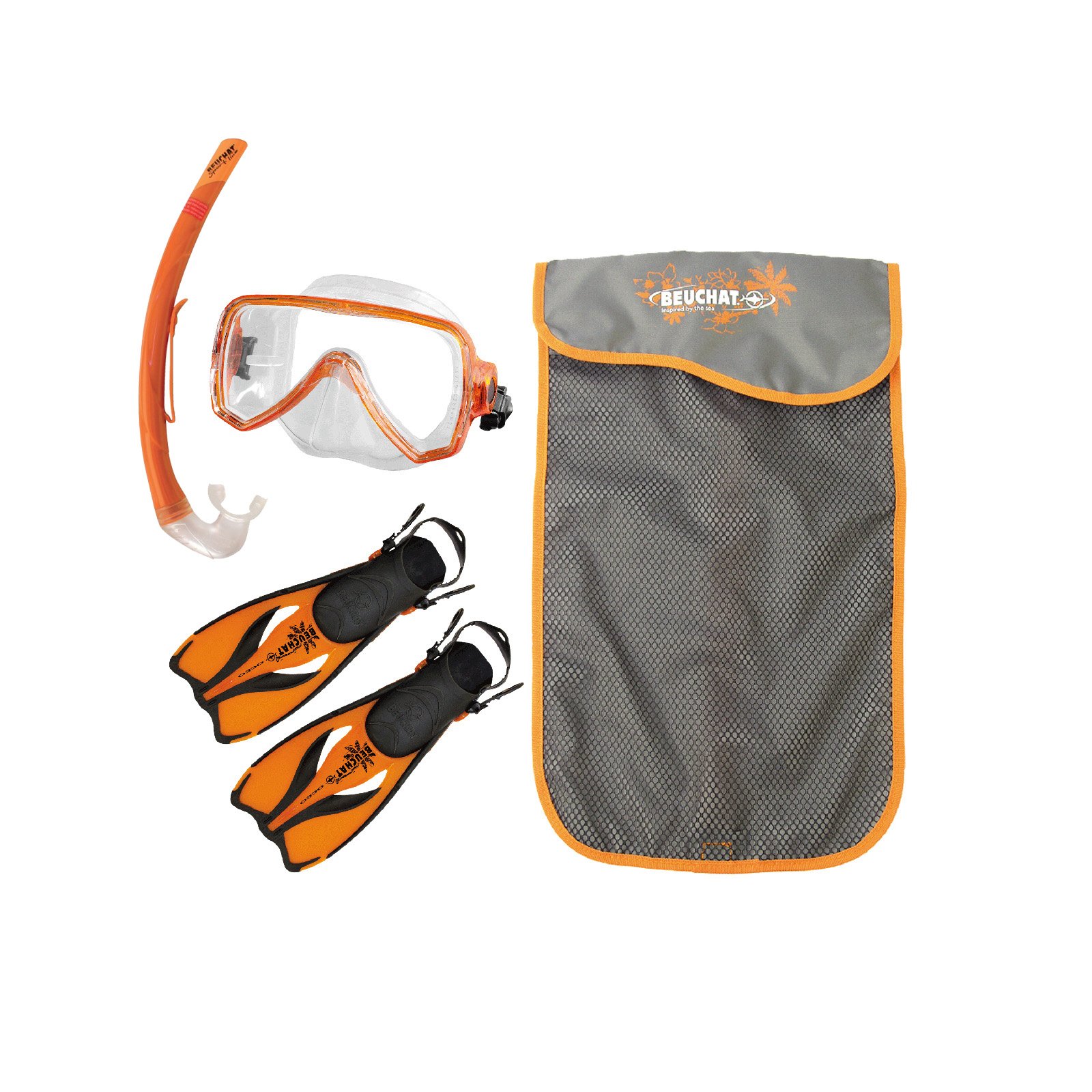 BEUCHAT Oceo Junior Schnorchelset für Kinder - Maske, Schnorchel, Flossen (Größe: 24/26 ; Farbe: orange)