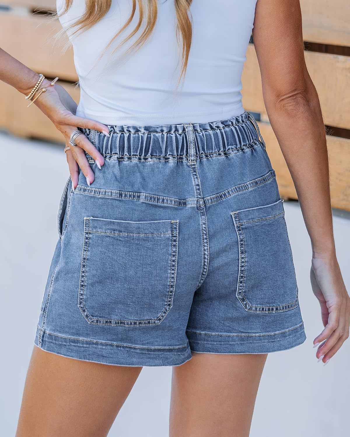 Utyful Jean Shorts for Women Trendy High Waisted Drawstring Pull On Elastic Waist Stretchy Denim Shorts Mid Thigh Jorts - Image 2