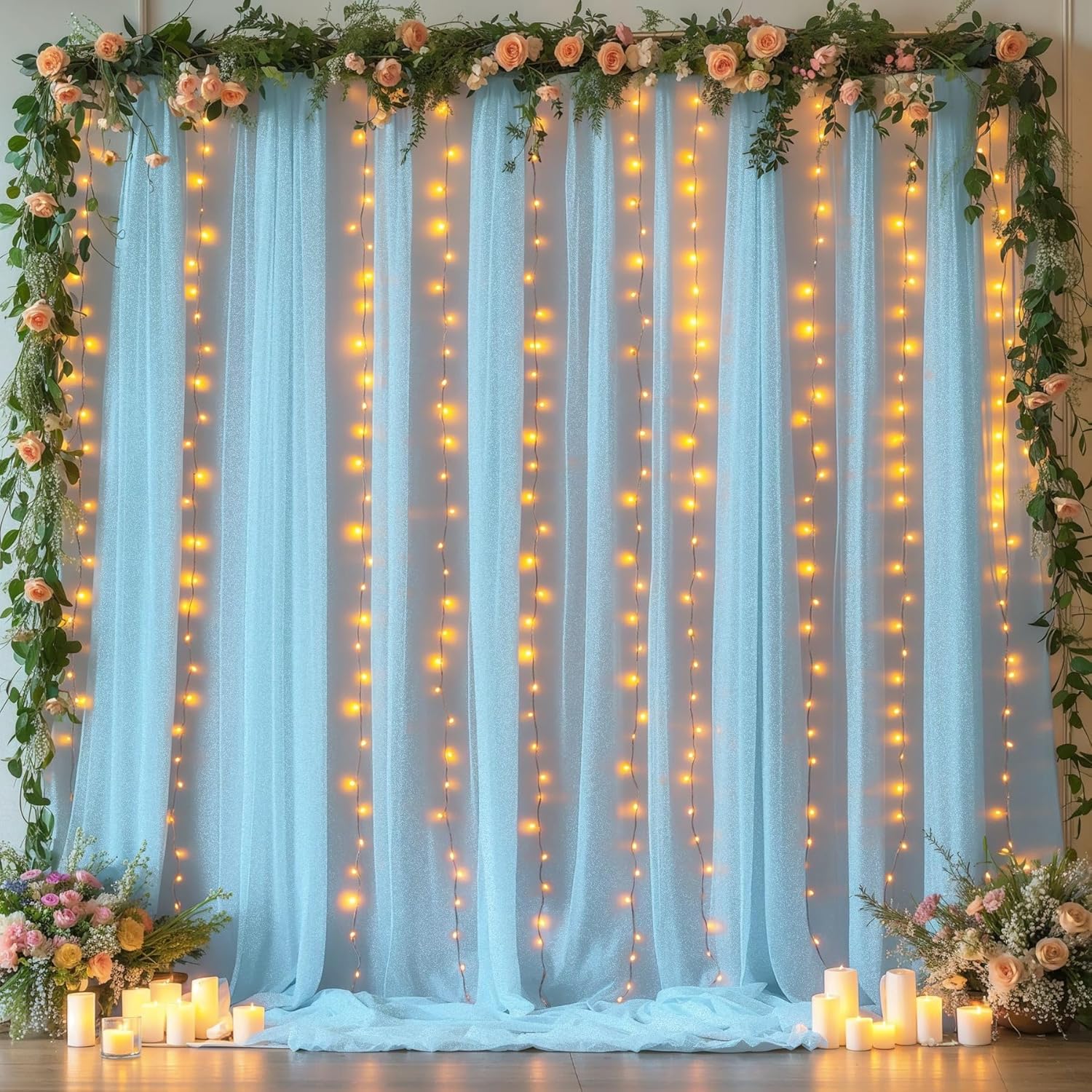 10x10ft Blue Tulle Backdrop Curtains with Lights String for Parties, Wrinkle Free Sheer Curtain Wedding Photo Backdop Drapes for Baby Shower Birthday Party Ceremony Photography Home Decorations