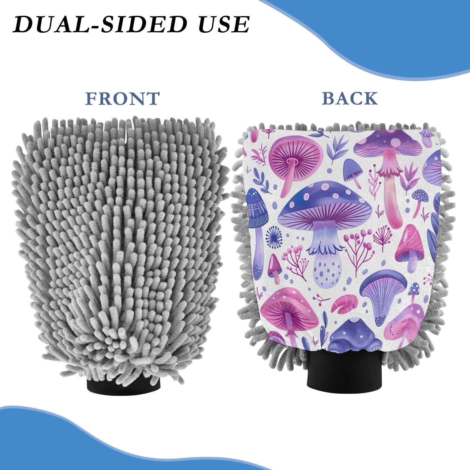 Flradish 2 Pack Watercolour Mushroom Car Wash Mitt Chenille Microfiber Lint-Free Scratch Free Ultra-Soft Absorbent Car Wash Mitt 10.2x7.09 Inch
