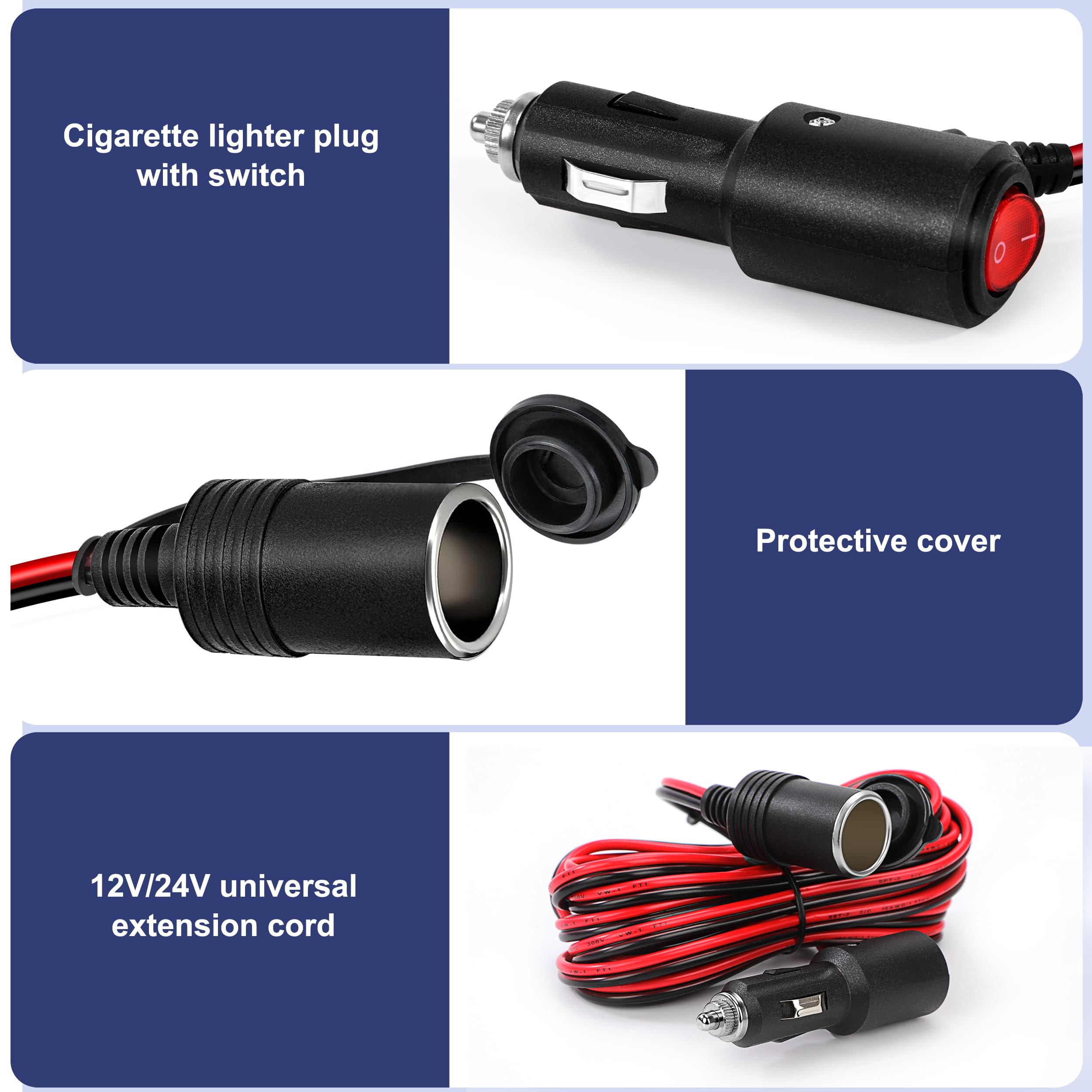 Przedłużacz samochodowy 12 V do gniazda zapalniczki samochodowej, 4 m, przedłużacz, wtyczka 16 AWG, kabel z przełącznikiem i bezpiecznikiem 15 A, adapter 12 V/24 V
