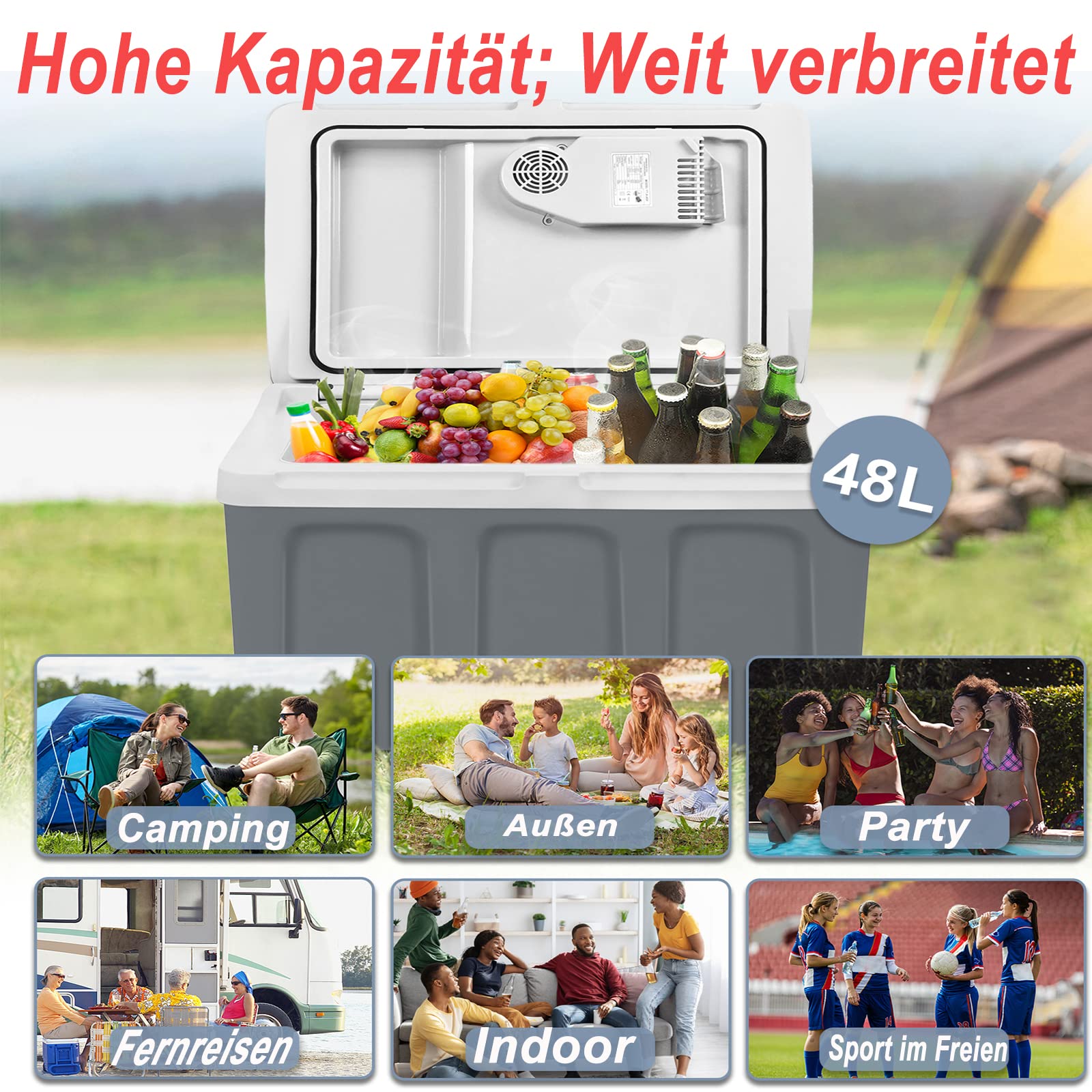 YRHome Glacière électrique pour voiture - 48 l - 12 V - 230 V - Mode ECO - Avec câble - Portable - Pour voiture, camion, camping, bateau, camping-car - Gris