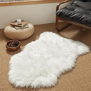 Ashler Fluffy Faux Fur Sheepskin Rug 2x3 Ft - Ultra Soft White Shag Mat, Machine Washable for Nursery, Bedroom, Kids Room