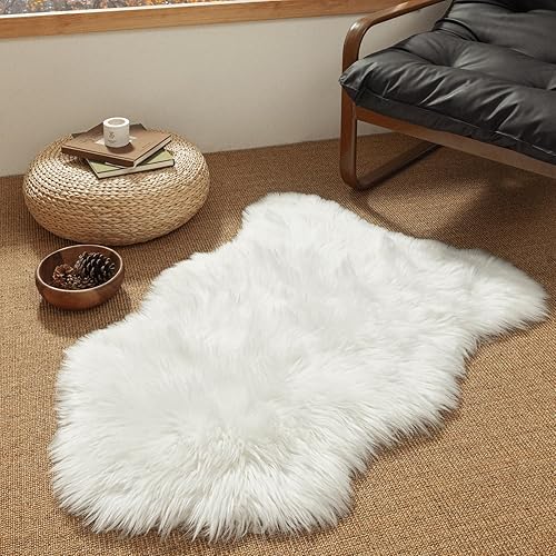 Ashler Faux Fur Rug, Fluffy White Small Sheepskin Rug, Ultra Soft 2x3 Ft Mat, Machine Washable Shag Mats, Nursery Throw for Bed, Living, Kids Room