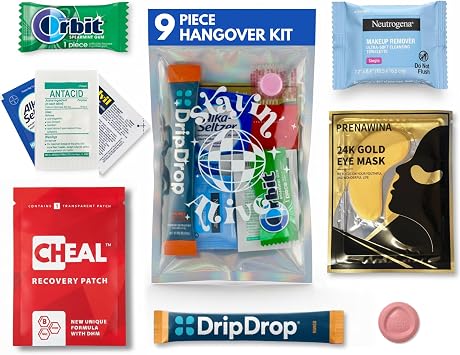 Hangover Kit 9 Piece Pre-Filled Recovery Bag for Bachelorette Party Favors, Weddings & 21st Birthdays, Girls Trips, Bridesmaids & Party Events