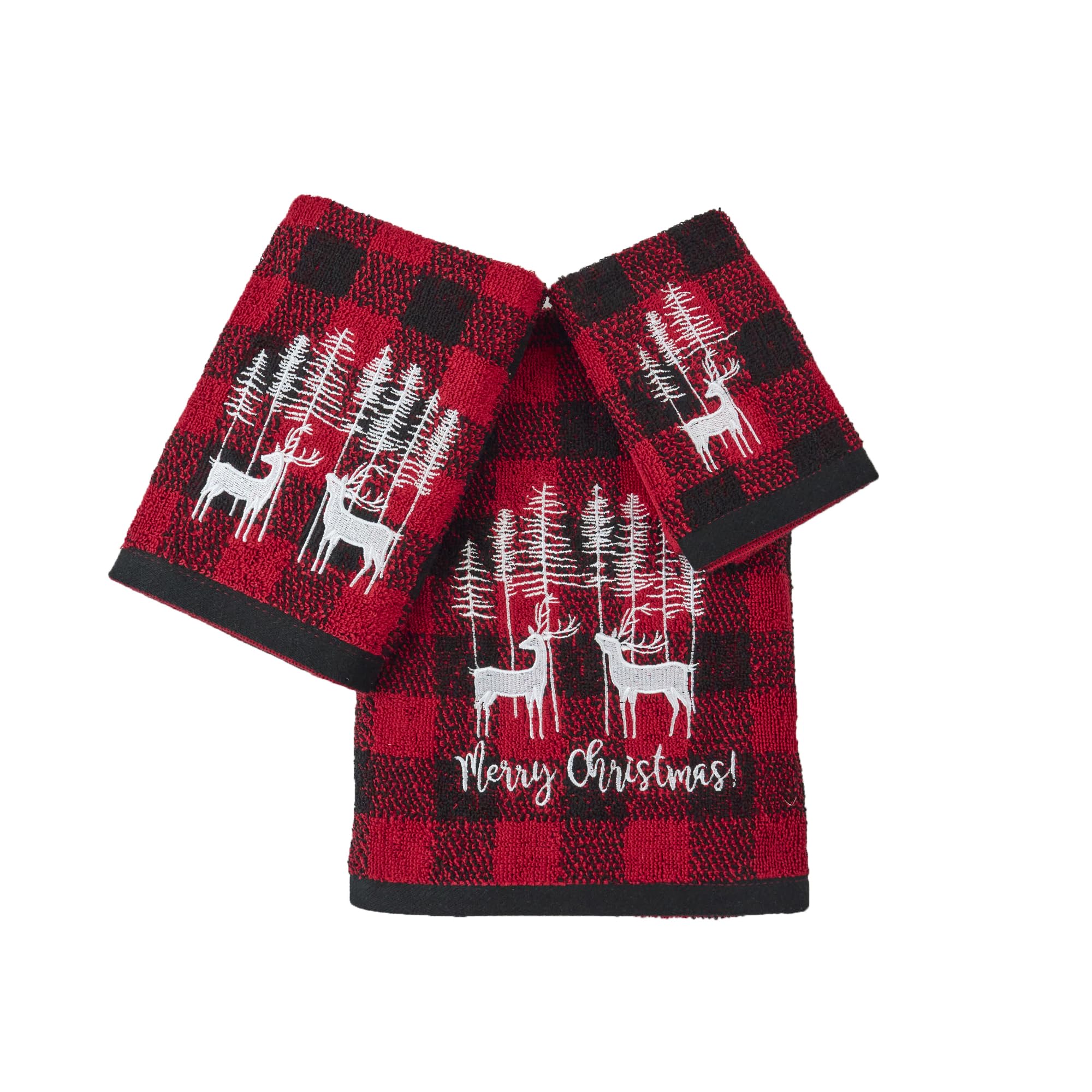 Christmas Premium Luxury Decor Ultra Soft 100% Cotton Embroidered Bathroom Modern 3 Piece Towel Set, Red Black Plaid Xmas Reindeer and Tree Pattern