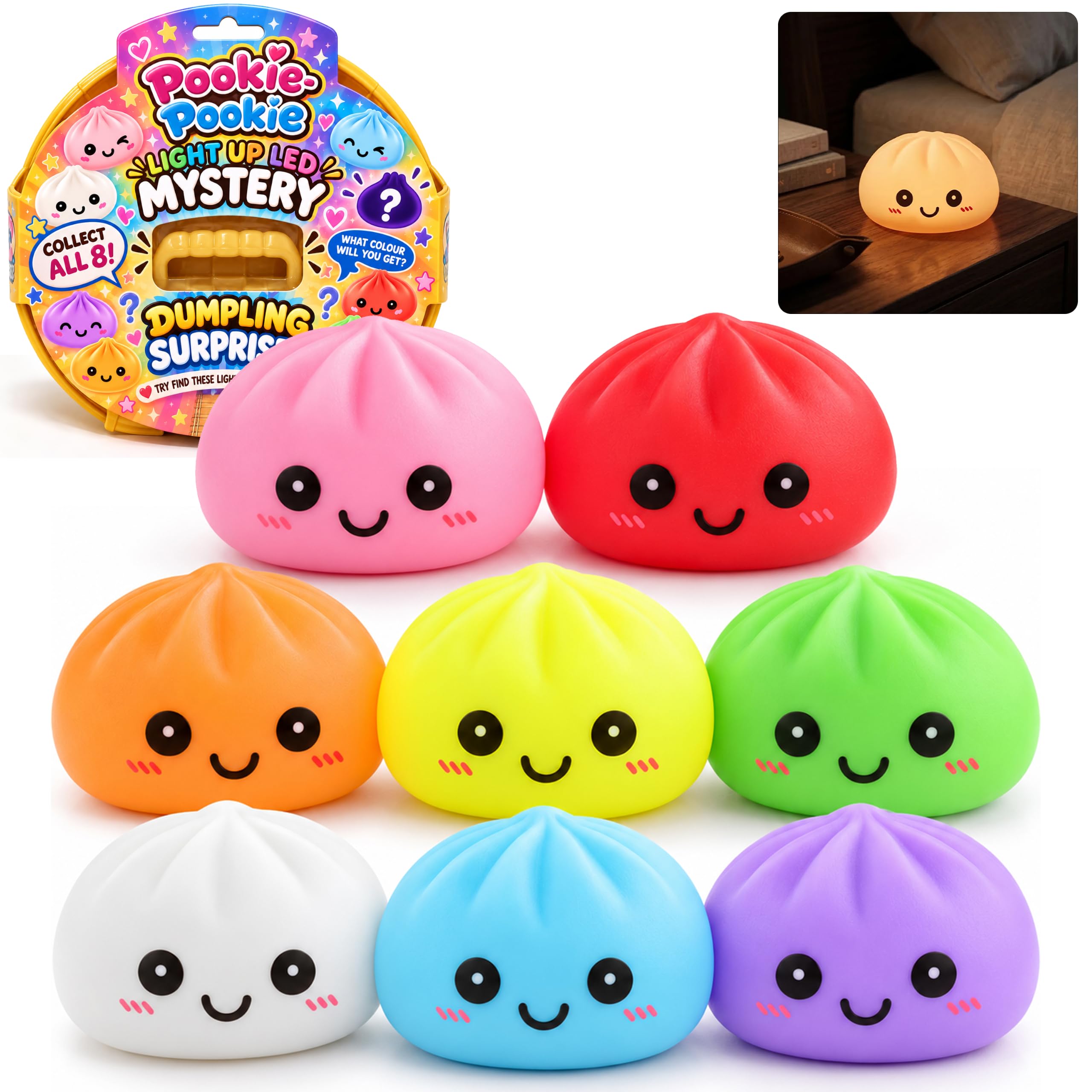 LED Night Light Dumplings 8.5cm - 3x Random Lightup Dumplings Lamp, Warm Light Dumpling Balls, Mystery Surprise Glowing Lamp for Kids Bedroom Gifts Age 3+