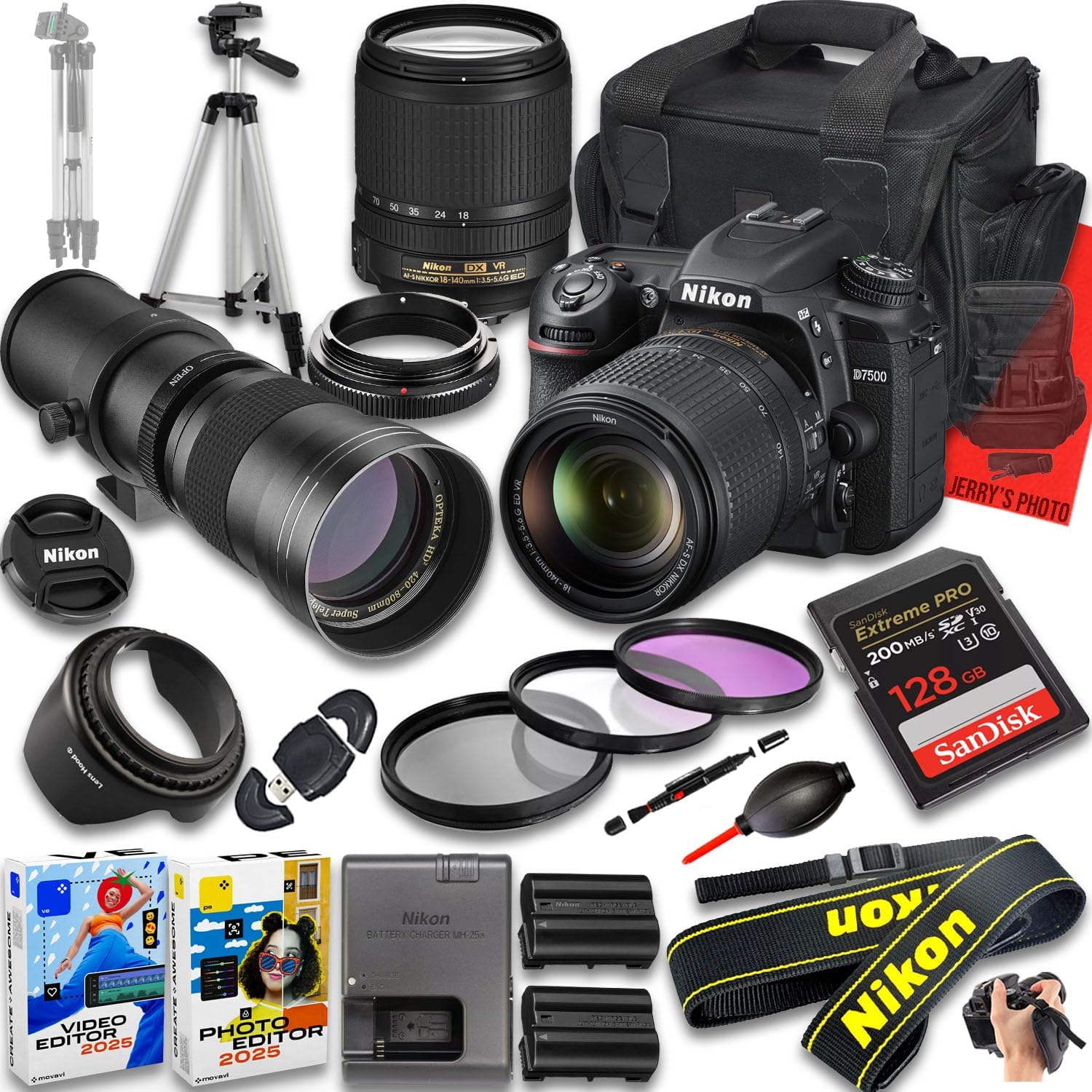Nikon D7500 DSLR Camera with AF-S DX NIKKOR 18-140mm f/3.5-5.6G ED VR and 420-800mm f/8 Super HD Telephoto Lens + 128 GB Memory + Extra Battery + Camera Case + More (24pc Bundle)