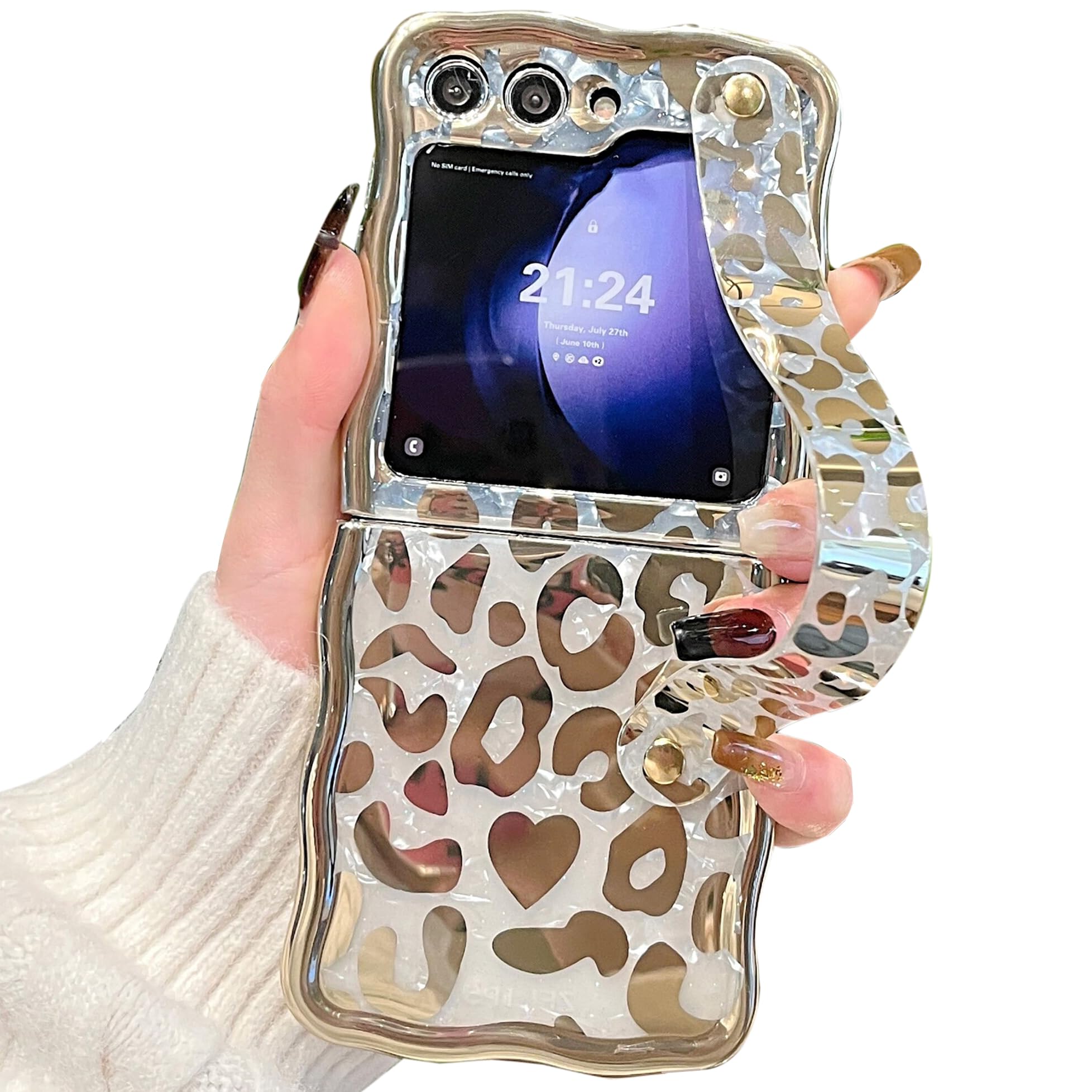 AYABUCO for Samsung Galaxy Z Flip 5 5G (2023) Case Golden Plating Leopard Wrist Strap Holder and Finger Loop Ring Stand for Women and Girl Cheetah Print Ultra Slim IMD Holder Cover (Z Flip 5 5G)
