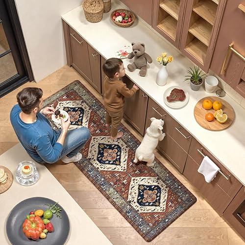 Vista 282 de KIMODE - Juego de 2 tapetes de cocina bohemios, antifatiga, antideslizantes, impermeables, ergonómicos, acolchados, cómodos, para lavandería, Caqui