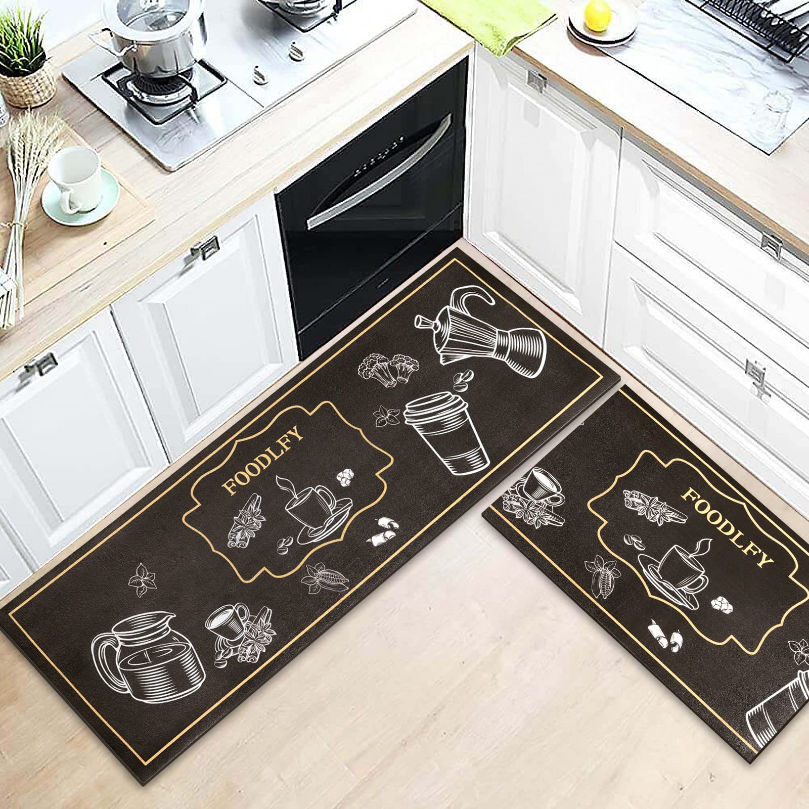 comfoyar Alfombras Cocina Lavable 2 Piezas, Alfombrillas de Suelo de Piel Antifatiga, Alfombras Impermeables y Resistentes al Aceite, Alfombrilla de Cocina para Hogar Oficina (44 x 75 cm+44 x 120 cm)