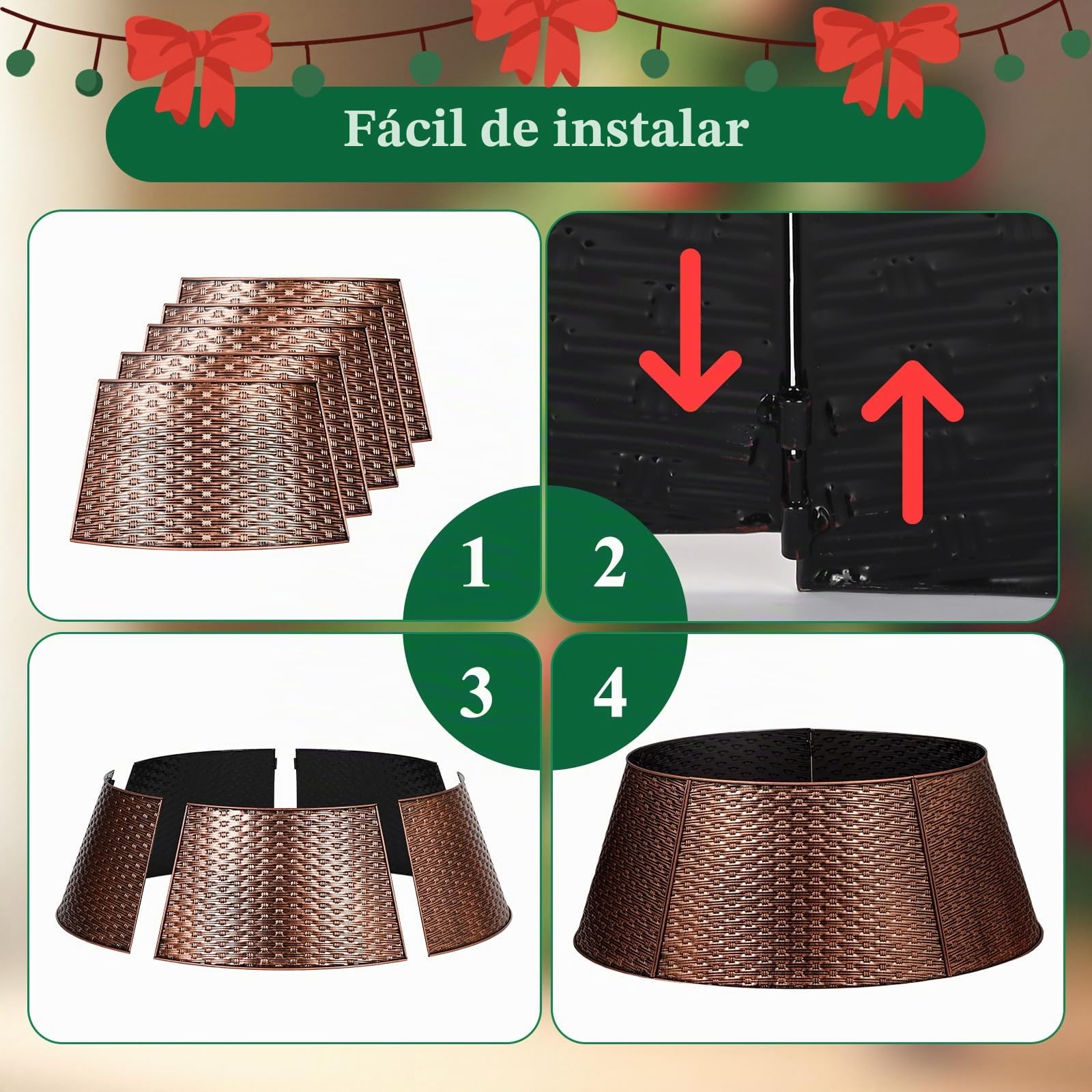 Lanpn Metal Collar Árbol de Navidad 70cm, Albero Natale Decorativo Christmas Tree Collar para Mediana M Árboles Artificiales Interior Exterior - Decoración Navideña (Cobre, Tejido Horizontal)