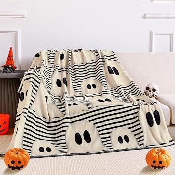 FuWeave Halloween Throw Blanket Cute Rustic Ghost Flannel Blanket Farmhouse Spooky Blanket Soft Black White Striped Blanket Retro Halloween Decoration for Sofa Bed Holiday Party Gifts,50 x60
