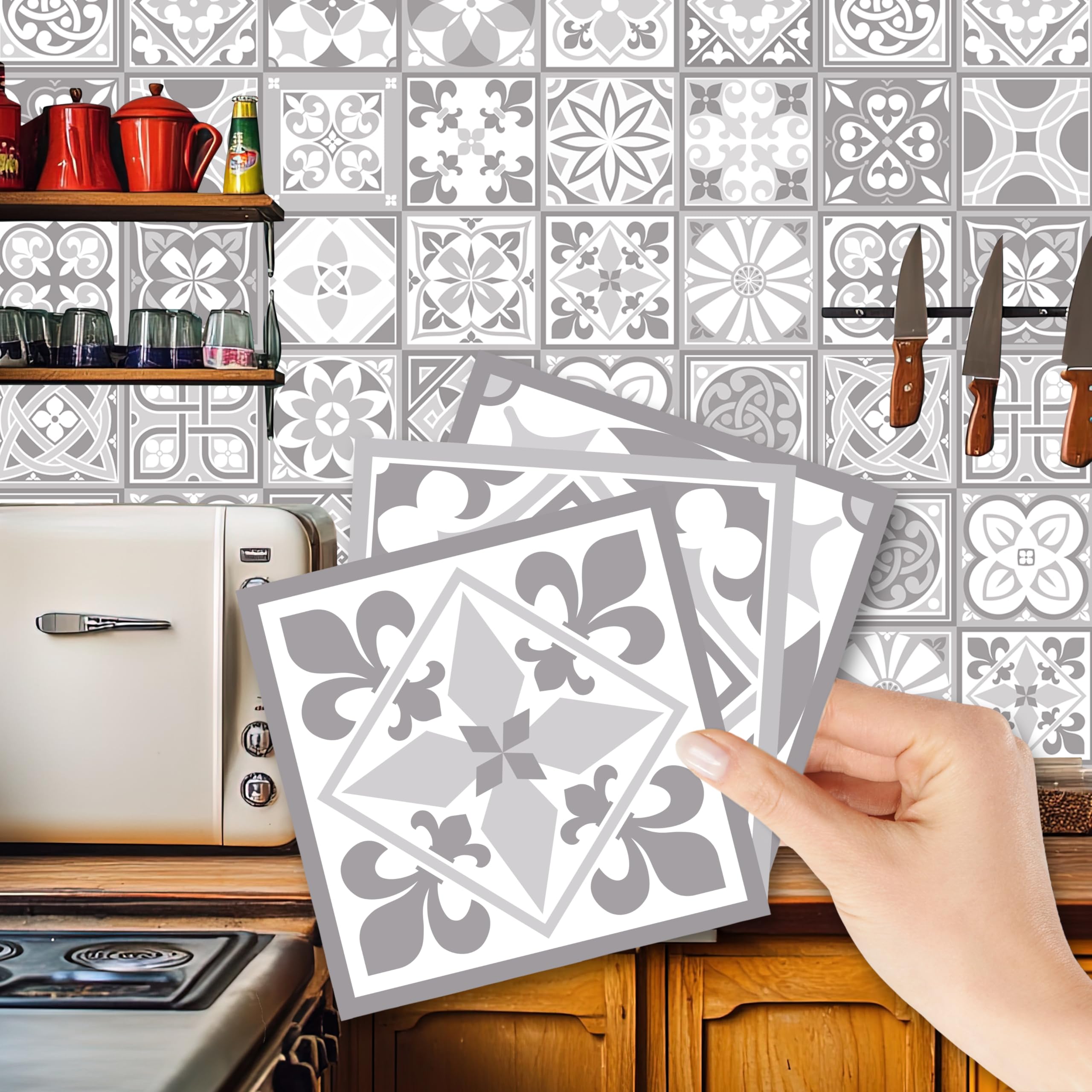 WALPLUS 96 pcs 15cm Purbeck Stone Grey Tiles Removable Peel and Stick Mosaic Tiles Vinyl Self Adhesive Backsplash Bathroom Kitchen Stick On Tile Paint Tile On Wall Spring Easter Decoration