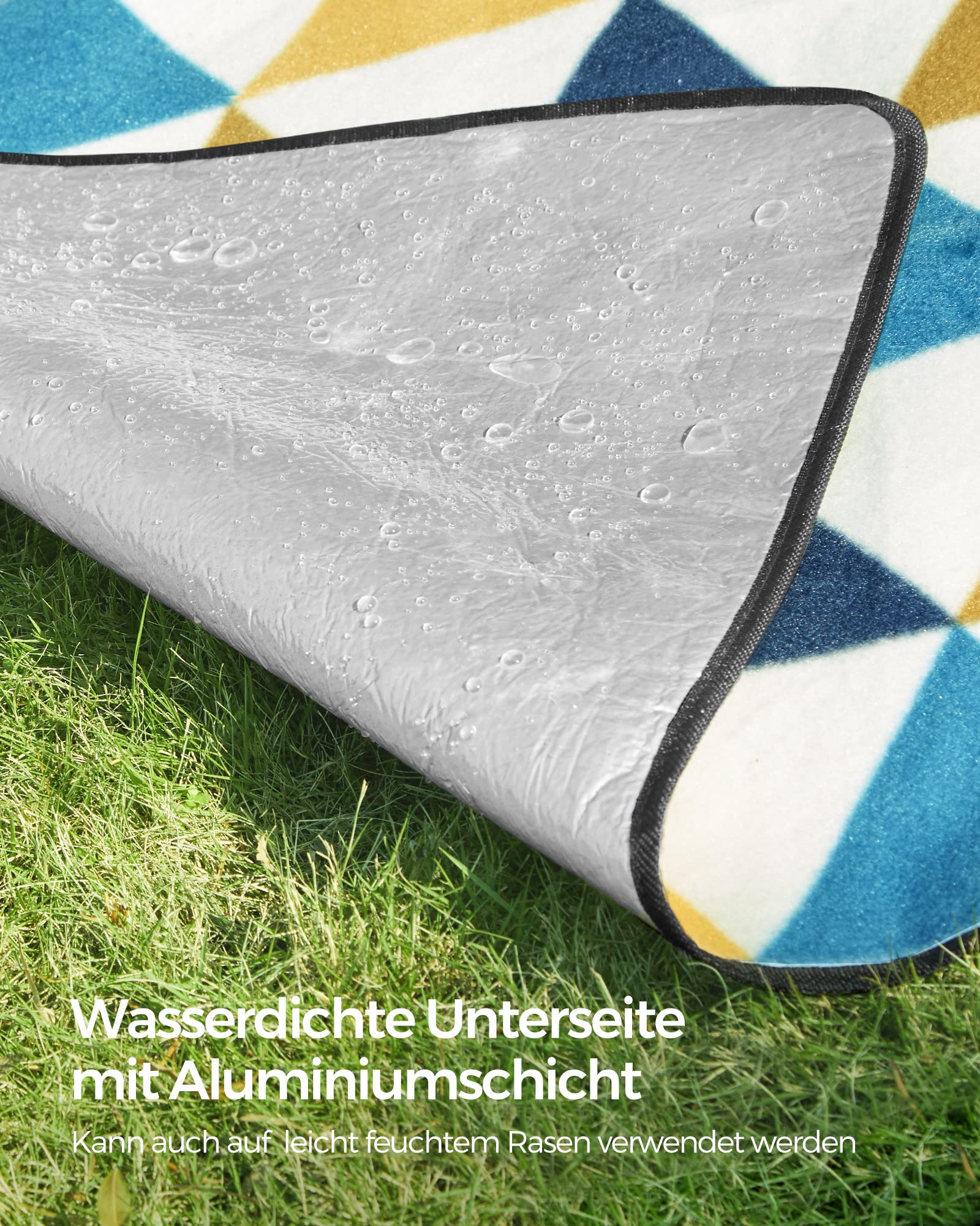 SONGMICS Picknickdecke, 200 x 200 cm, groß, Campingdecke, für Park, Garten, Strand, wasserdicht, faltbar, gelbe und Blaue Dreiecke GCM76S