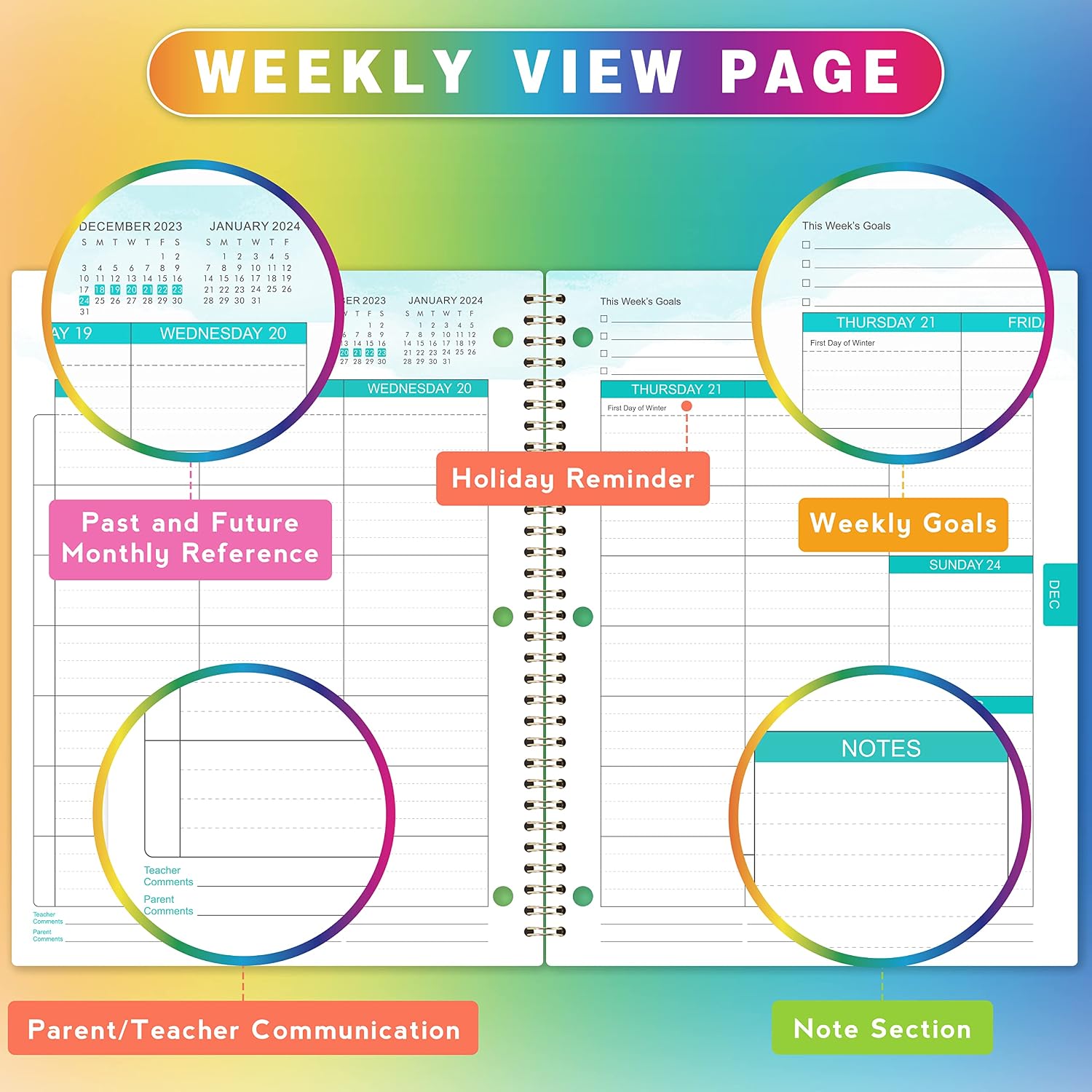 Student Planner 2023-2024 - School Planner 2023-2024 with Stickers, July 2023 - June 2024, 9" x 11", 2023-2024 Student Planner/Academic Planner with Back Pocket, Printed Tabs, Twin-Wire Binding - Black Rainbow