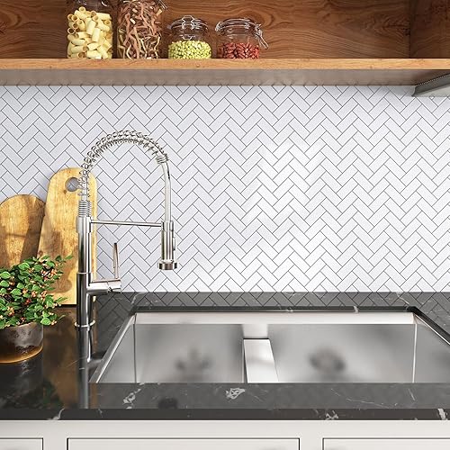 Miniatura 8 de Azulejo 3D de espiga blanca para salpicaduras de despegar y pegar, 10 hojas de azulejos brillantes para pared de cocina, baño, azulejos