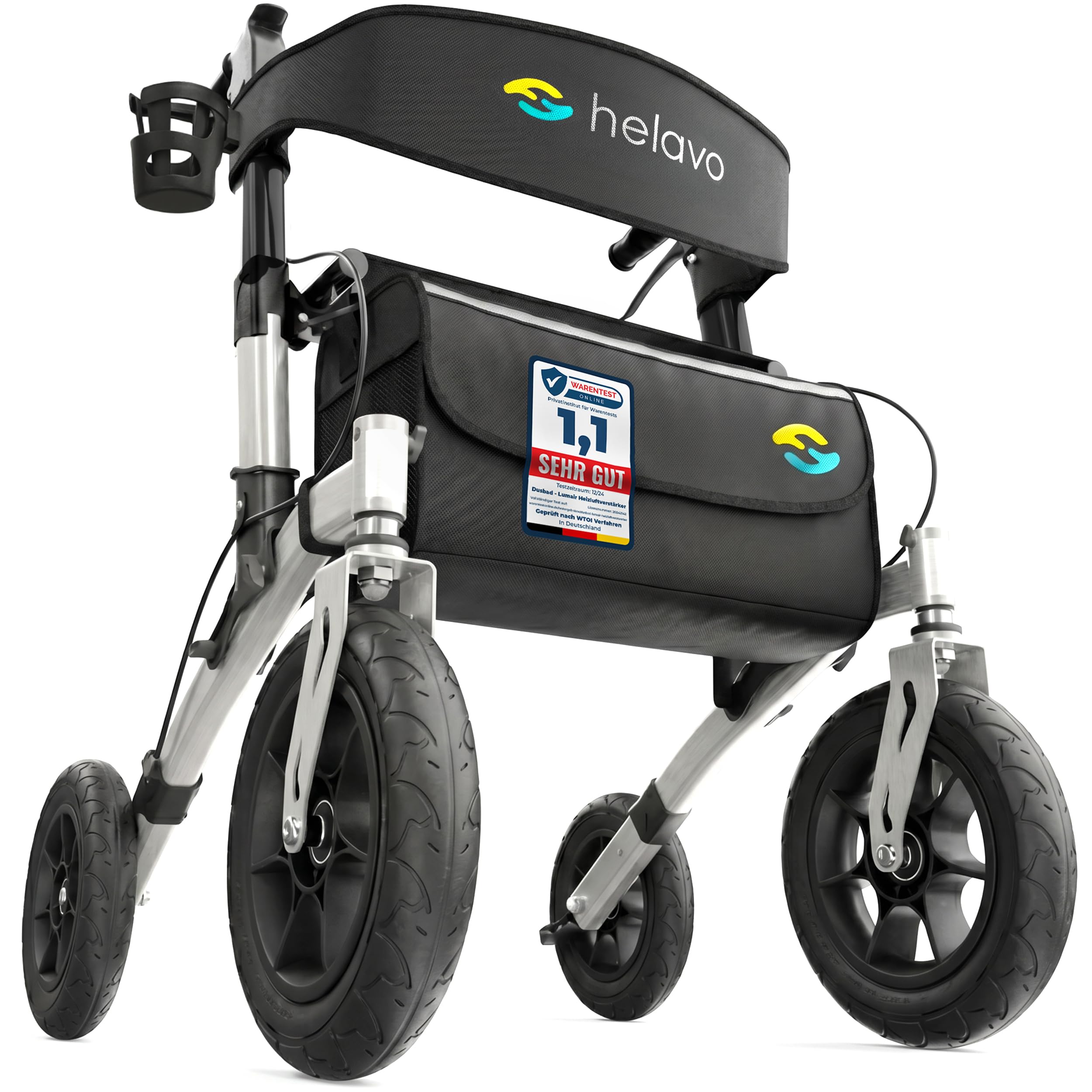 Helavo Rollator mit Pannensicheren Vollgummireifen für Draußen - Faltbarer Aluminium Outdoor-Rollator mit Sitz - Maximale Mobilität & Komfort im Außenbereich | 12" Vollgummibereifung für maximalen Komfort - Faltbarer Aluminium-Rollator für Draußen - Mit S