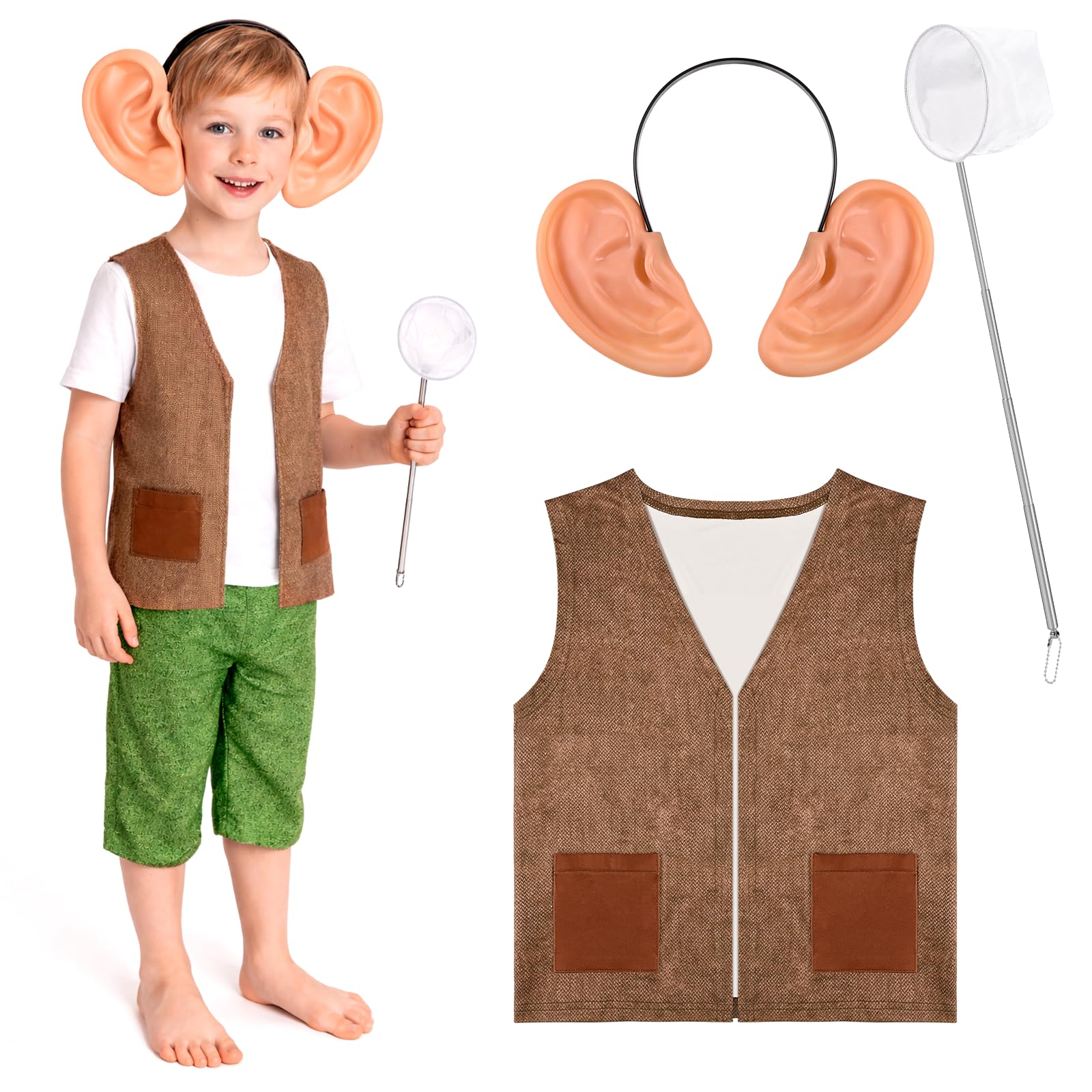 Kavoc 3 Pcs Giant Costume Include Ear Headband Waistcoat Catching Fish Net for World Book Day Book Week Fancy Dress Costume Outfit