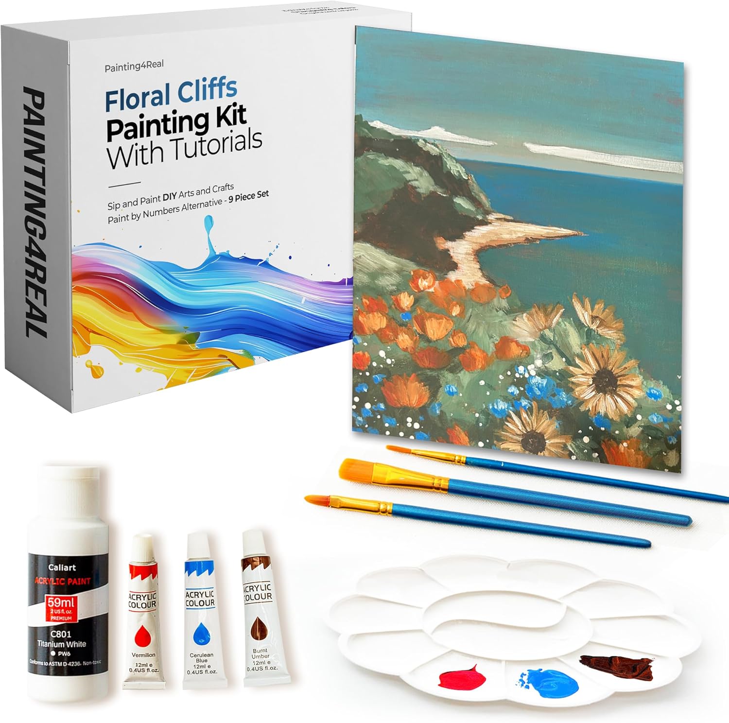 Painting4Real DIY Art Painting Kit for Adults with Video Tutorials – Learn to Paint Floral Cliffs - 9 Pieces Acrylic Paint Set & Art Supplies for Adults, Mother Day Gift for Mom, Women, Art Lover