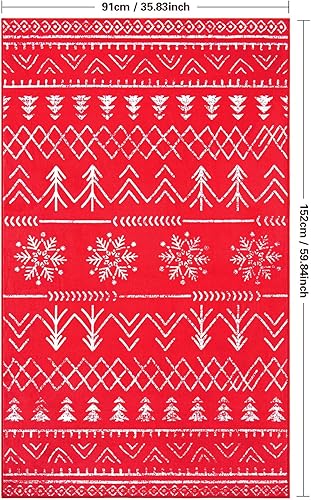 Miniatura 2 de Carvapet Alfombra navideña para área, diseño festivo de invierno con encantador árbol de Navidad, alce juguetón y delicados patrones de copo de