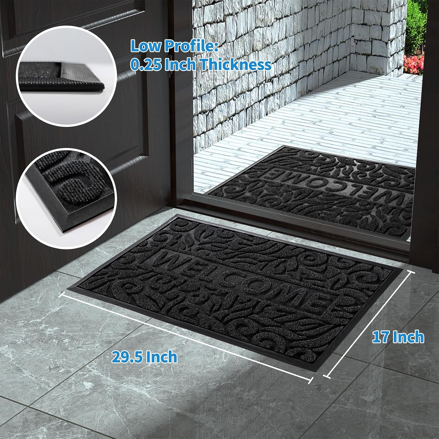 Yimobra Welcome Mat Outdoor 29.5x17, Waterproof Non-Slip Outdoor Mats for Front Door Outside Entrance, Low-Profile Entryway Mat Indoor for Garage Patio, Black