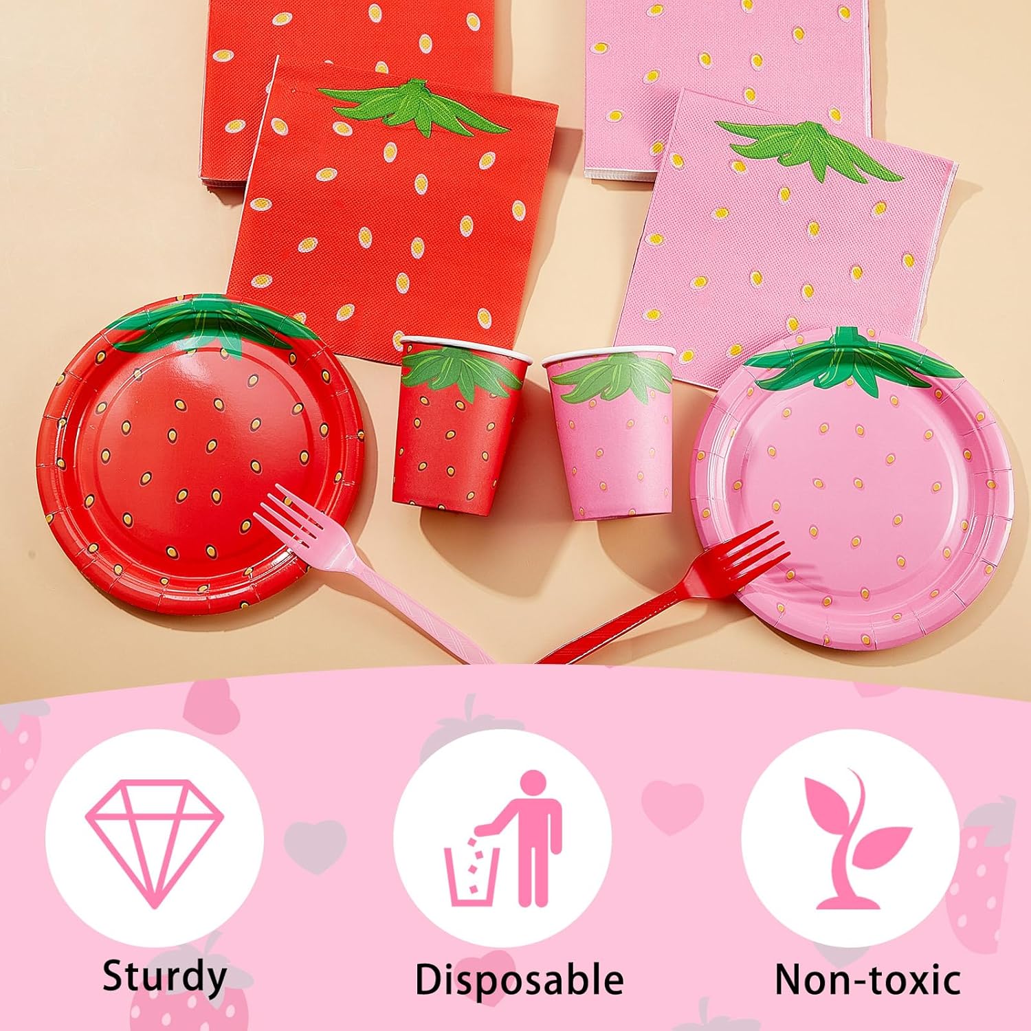 200 Pieces Strawberry Party Tableware Set Strawberry Plates Napkins Forks Cups Party Supplies Sweet Red Pink Baby Shower Birthday Decoration for Guests - Image 3