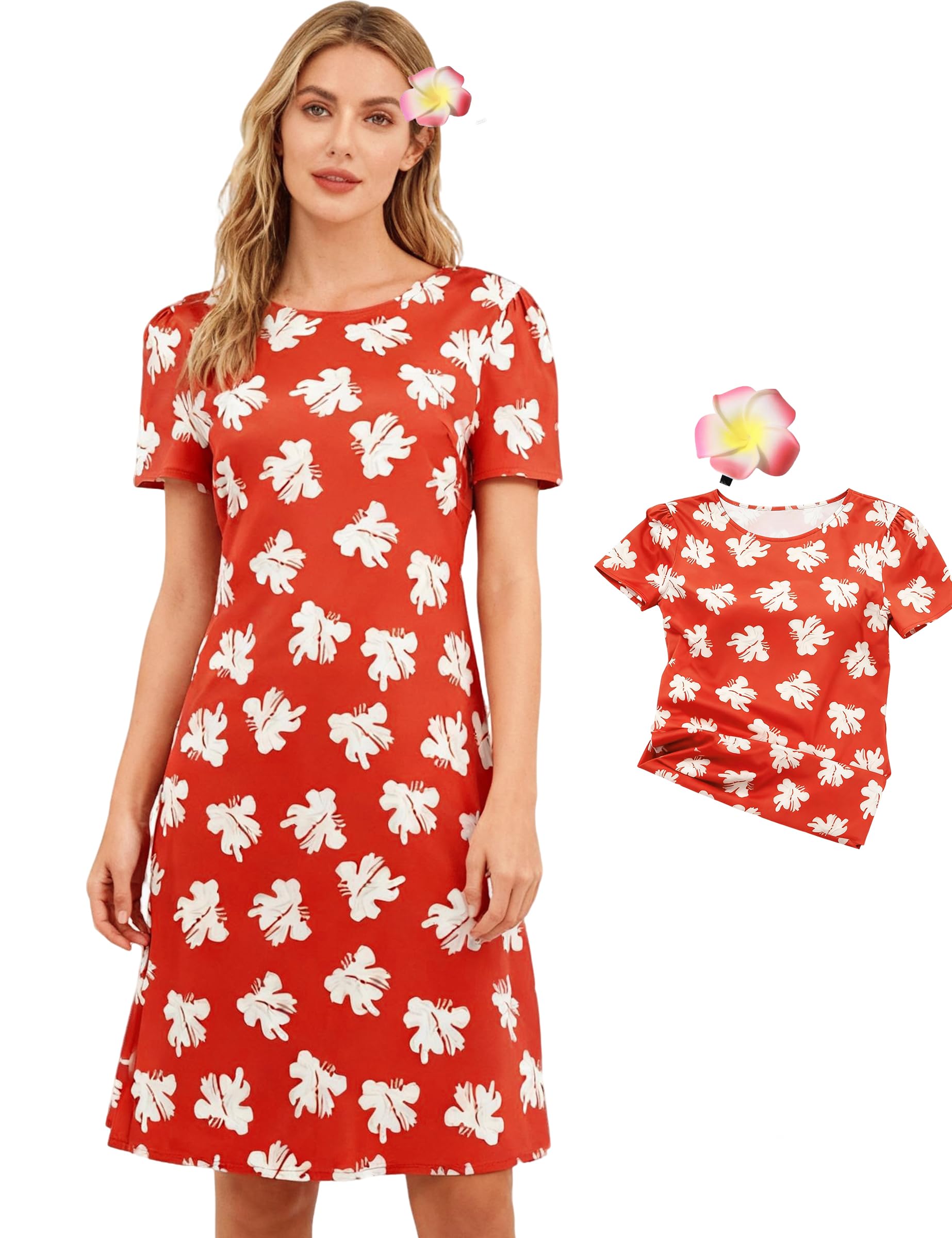 Poboola Lilo Costume Adult Red Hawaiian Dress for Women Lilo Halloween Coplay Outfit Character Novelty Flower Dresses