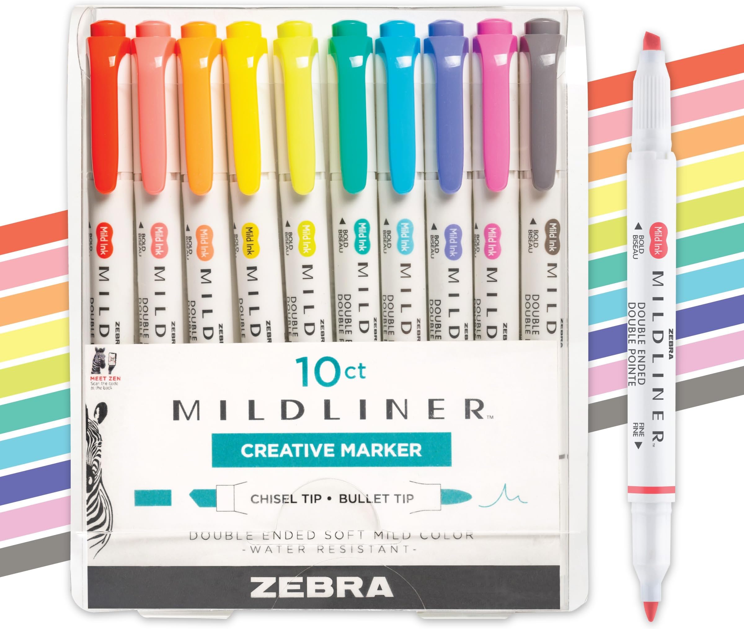 Mildliner Dual-Tip Highlighter Set, Broad and Fine Tips, No Bleed, Ideal for Bible Highlighting, Journaling, Note-Taking and School Supplies, Friendly Ink Colors, 10-Pack (78501)