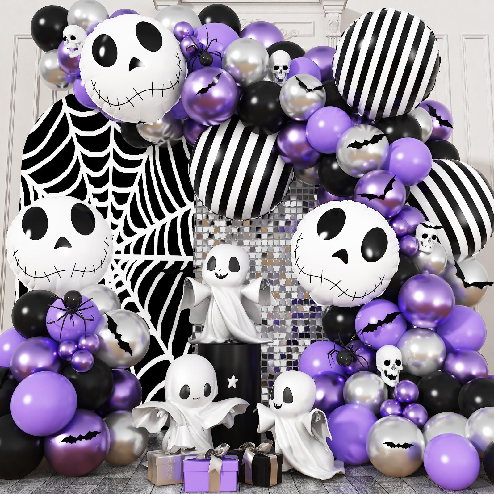 Skull Halloween Birthday Party Decorations Metallic Purple Black Silver Balloon Garland Arch Kit with Stripe Skull Balloons for Ghost Skeleton Trunk or Treat Halloween Birthday Baby Shower Decorations โ image 1