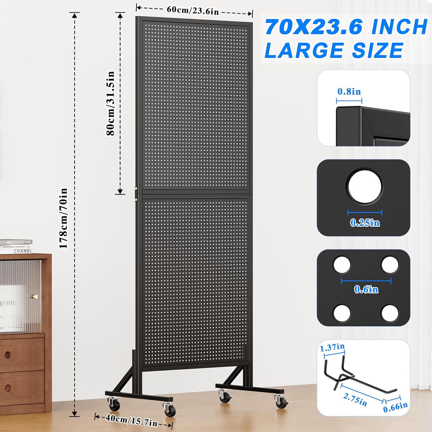 24″ x 70″ Pegboard Display Stand, Freestanding Metal Peg Board Display with 30 Hooks & Wheels Portable Standing Pegboard Rack for Vendor Retail Craft Show Fair Garage DIY, Black