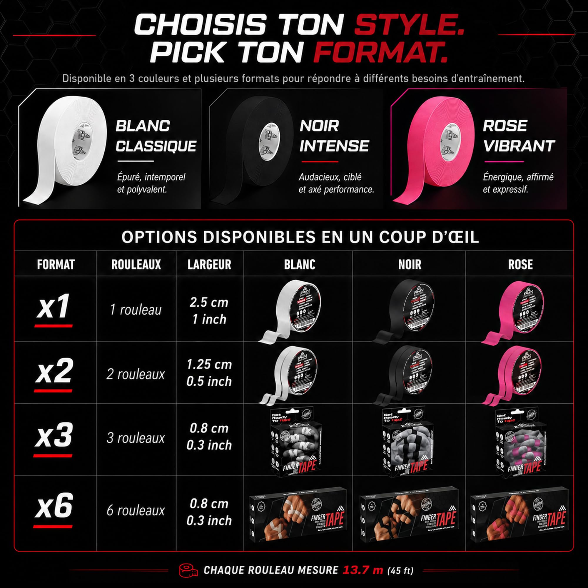 6X Strap Doigt 0,8cm x 13,7m (Total 82m) - JJB Jiu Jitsu Bresilien - Escalade - Crossfit - MMA - Grappling - Judo - Volleyball - Musculation - Rouleaux de Finger Tape Noir