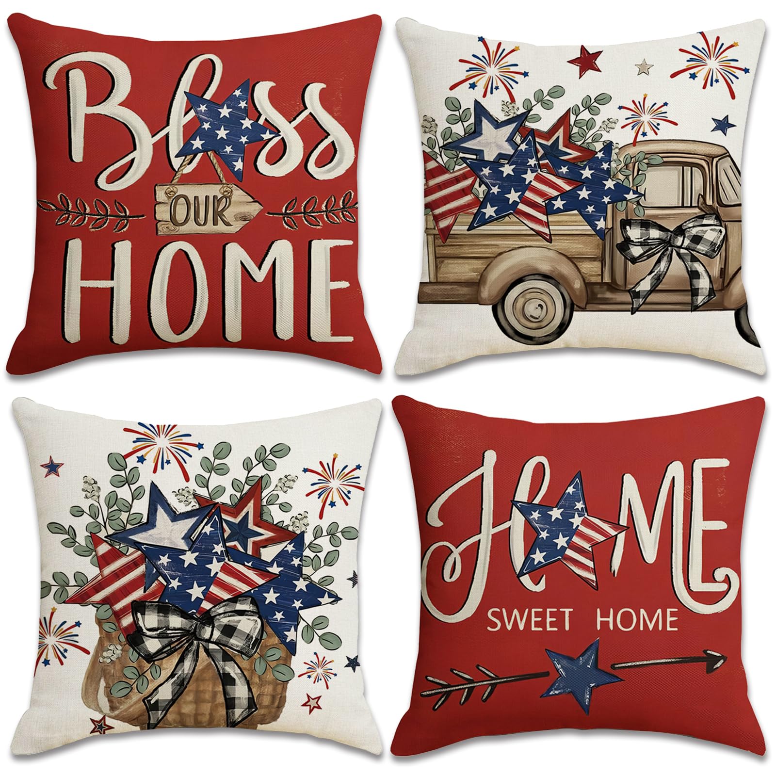 4th of July Pillow Covers 16x16 Inch Set of 4 Rustic Americana Charm Style, Patriotic Red White and Blue Throw Pillow Covers,Summer Outdoor Couch Bed