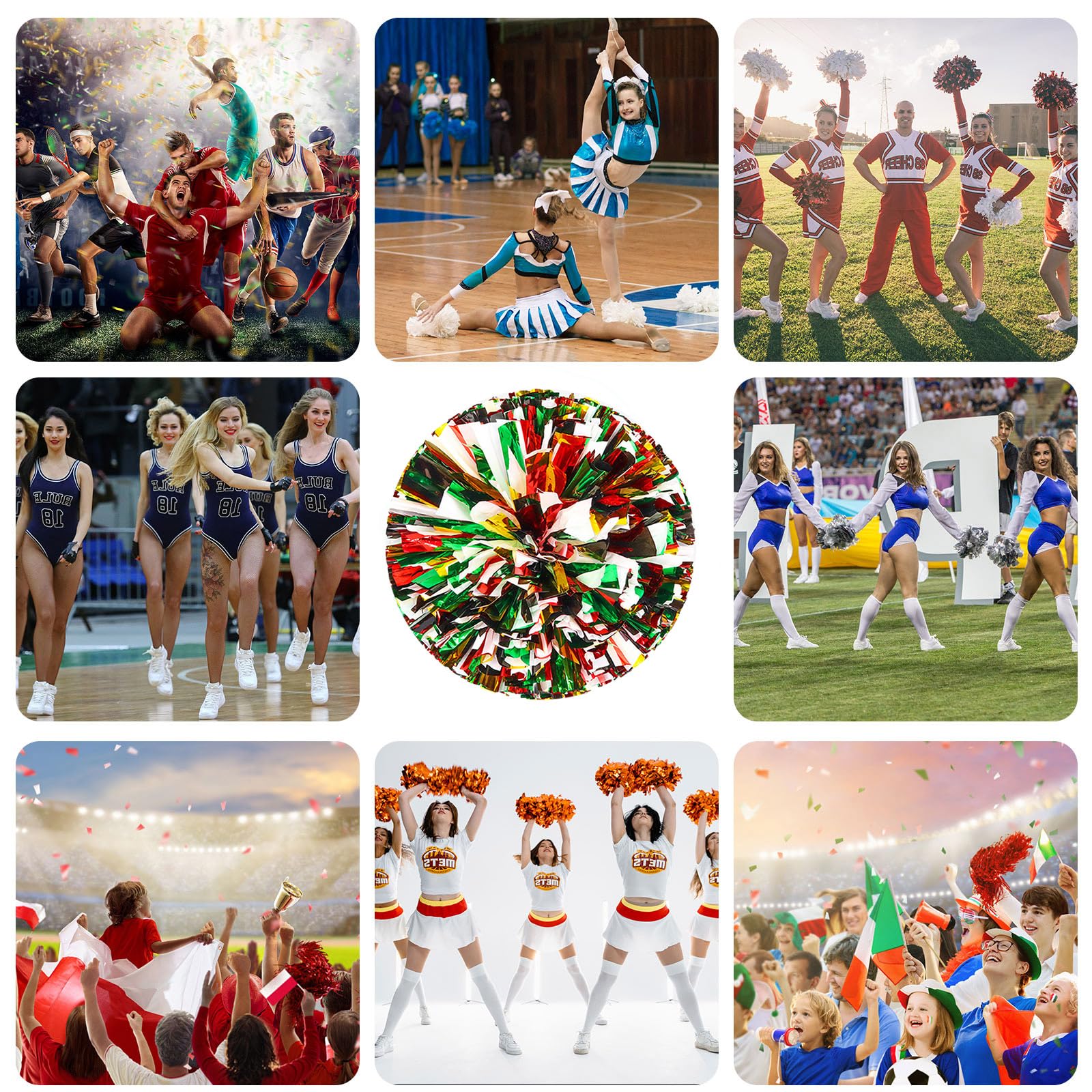 Lot de 20 pompons de pom-pom girl, 35cm, pour équipes sportives, entraînements de danse et fêtes, avec anneaux. (Couleur)