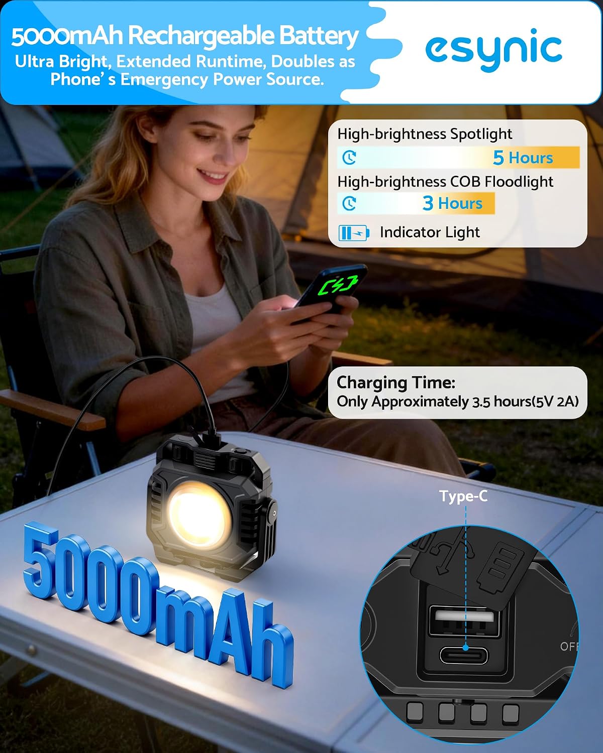 eSynic 2 Pack 2700-8000K Dual Light Mode Work Light-IP65 Waterproof-4400mAh Rechargeable Magnetic Work Light with COB Floodlight+TG3 Spotlight+Red Warning Light-360° Swivel Stand-for Garage/Camping