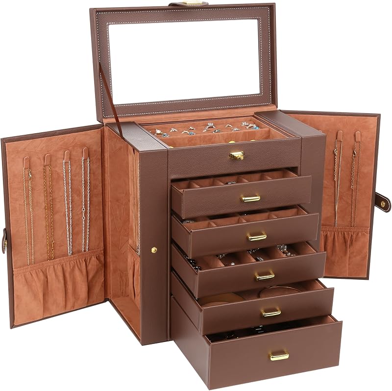 Kendal Joyero extra grande de piel sintética, 6 niveles, 5 cajones, gran capacidad de almacenamiento con espejo, organizador de almacenamiento de joyas, gran regalo, también bueno para relojes LJC-SHD5BN (marrón)