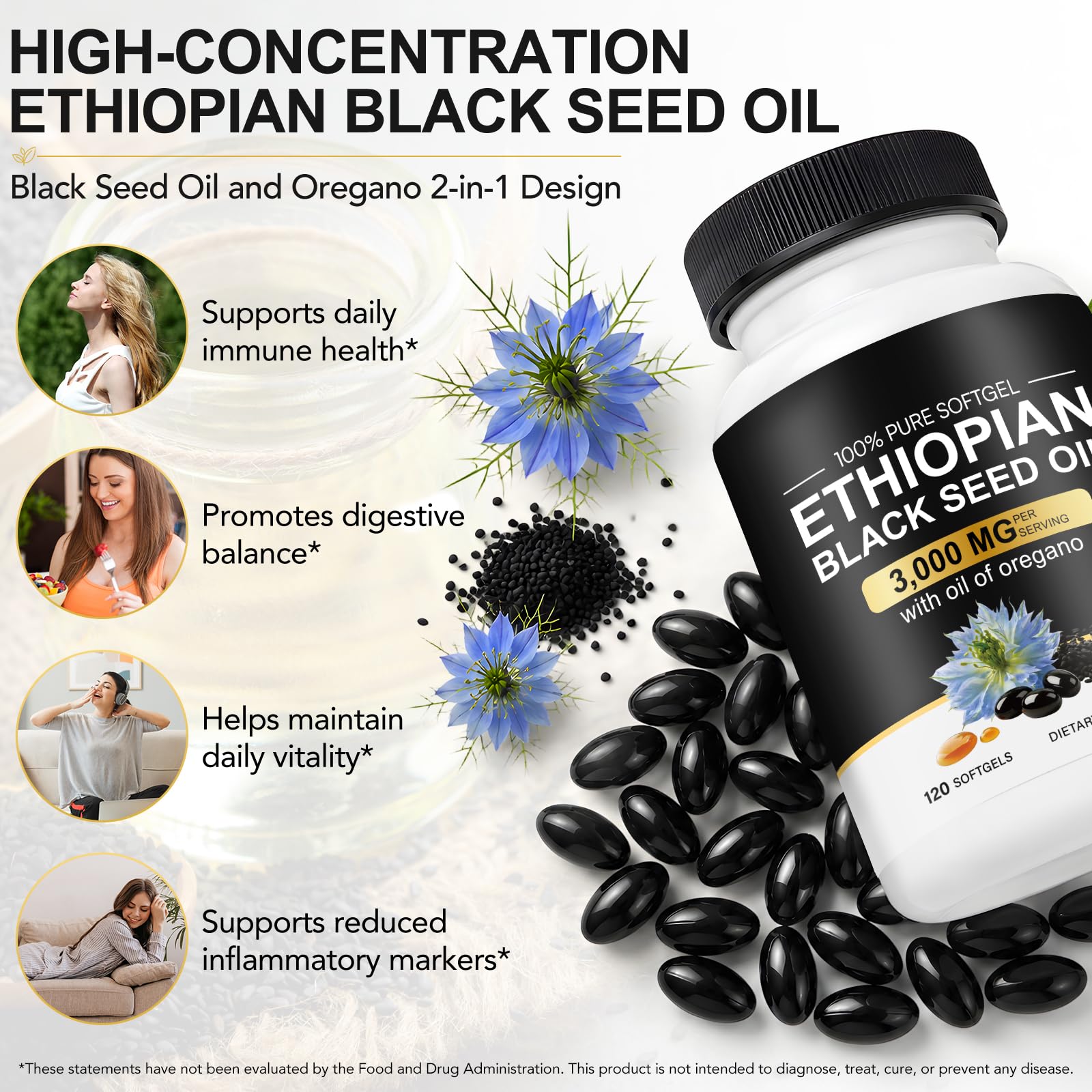 Black Seed Oil Capsules, 3000mg High Strength Black Cumin Seed Oil with Thymoquinone 120 Ethiopian Black Seed Oil Softgels | Pure Cold Pressed Black Cumin Supplement Gluten Free Soy Free — Amazon image 2