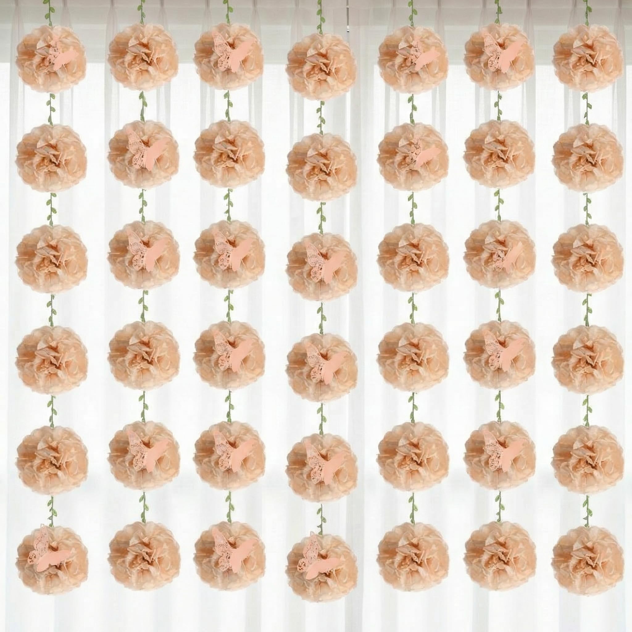 Suncalla 4 Sets Tea Party Decorations Tissue Paper Pom Pom Garlands with Vines & Butterflies Floral Tea Party Yard Decor for Birthday Baby Shower Wedding Bridal Shower Spring Summer(Nude Pink)